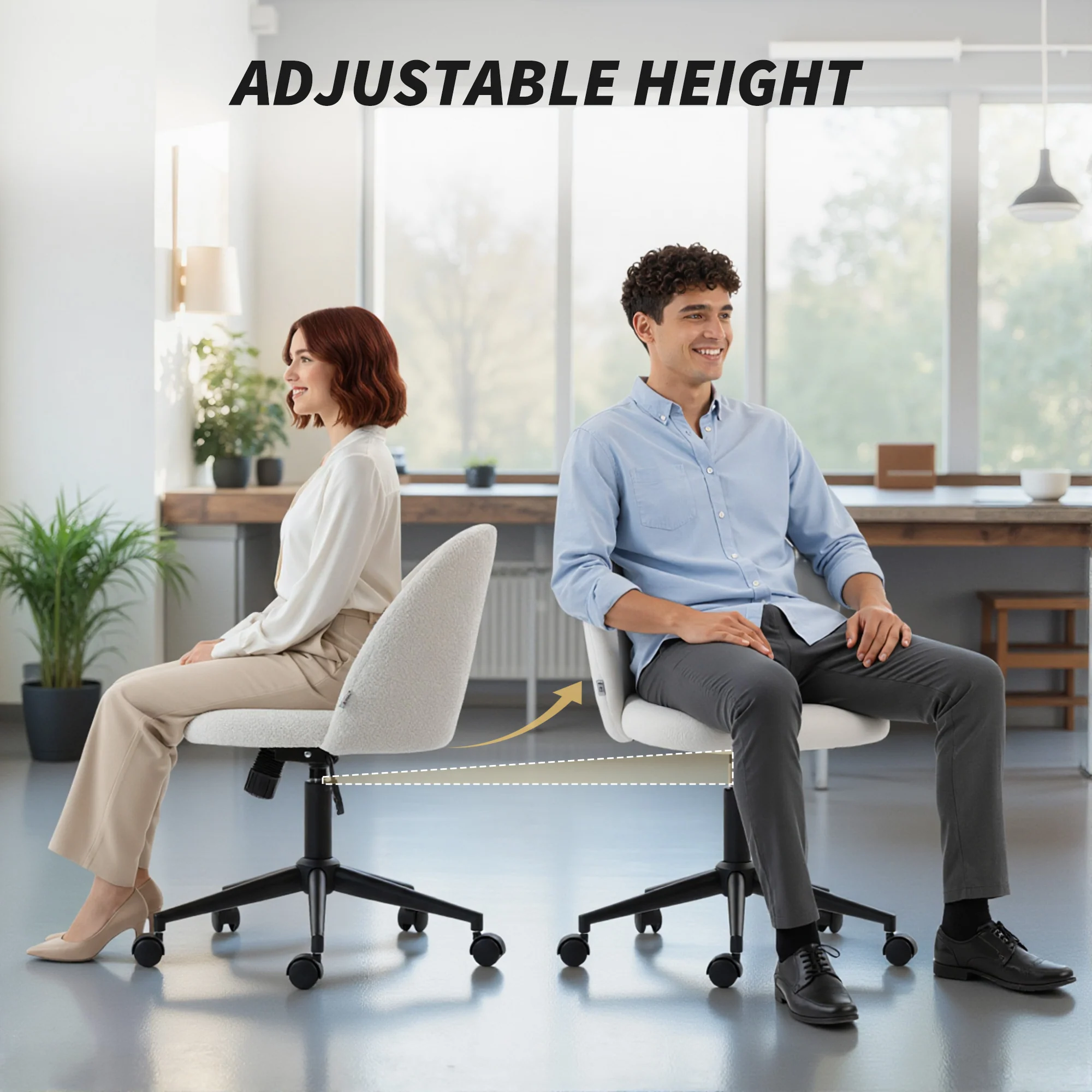 Computer Desk Chair, Teddy Fleece Swivel Office Chair with Height Adjustable, Wheels, High-Resilience Foam, Tilting Function, for Home Study Bedroom Makeup Vanity, Cream White - Image 8