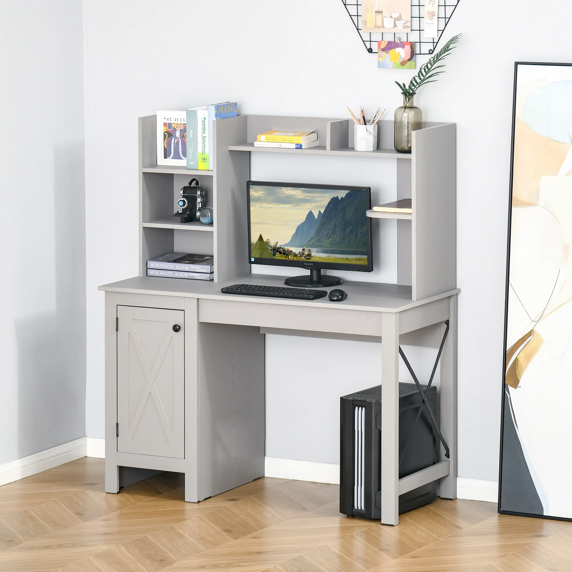 Computer Desk with Hutch Home Office Desk with Storage Cabinet Light Grey - Image 3