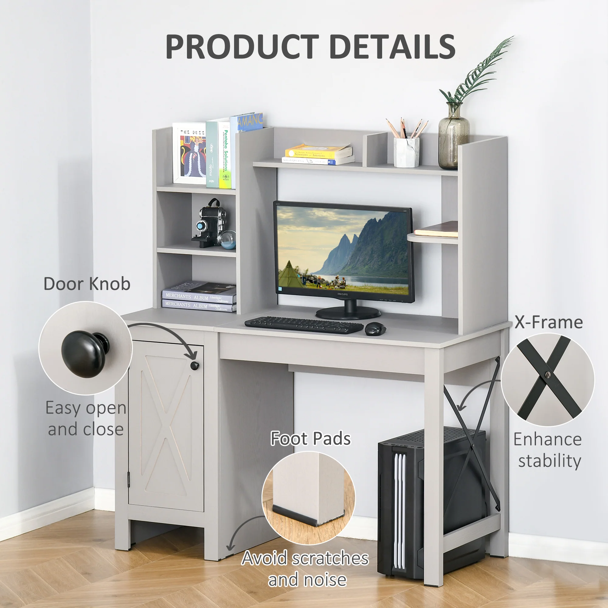 Computer Desk with Hutch Home Office Desk with Storage Cabinet Light Grey - Image 8