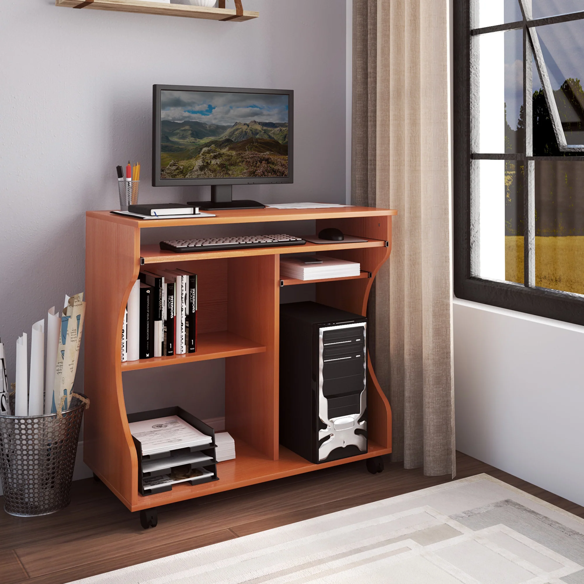 Computer Desk with Sliding Keyboard Tray, Storage Shelves, PC Desk on Wheels, Cherry Wood - Image 4
