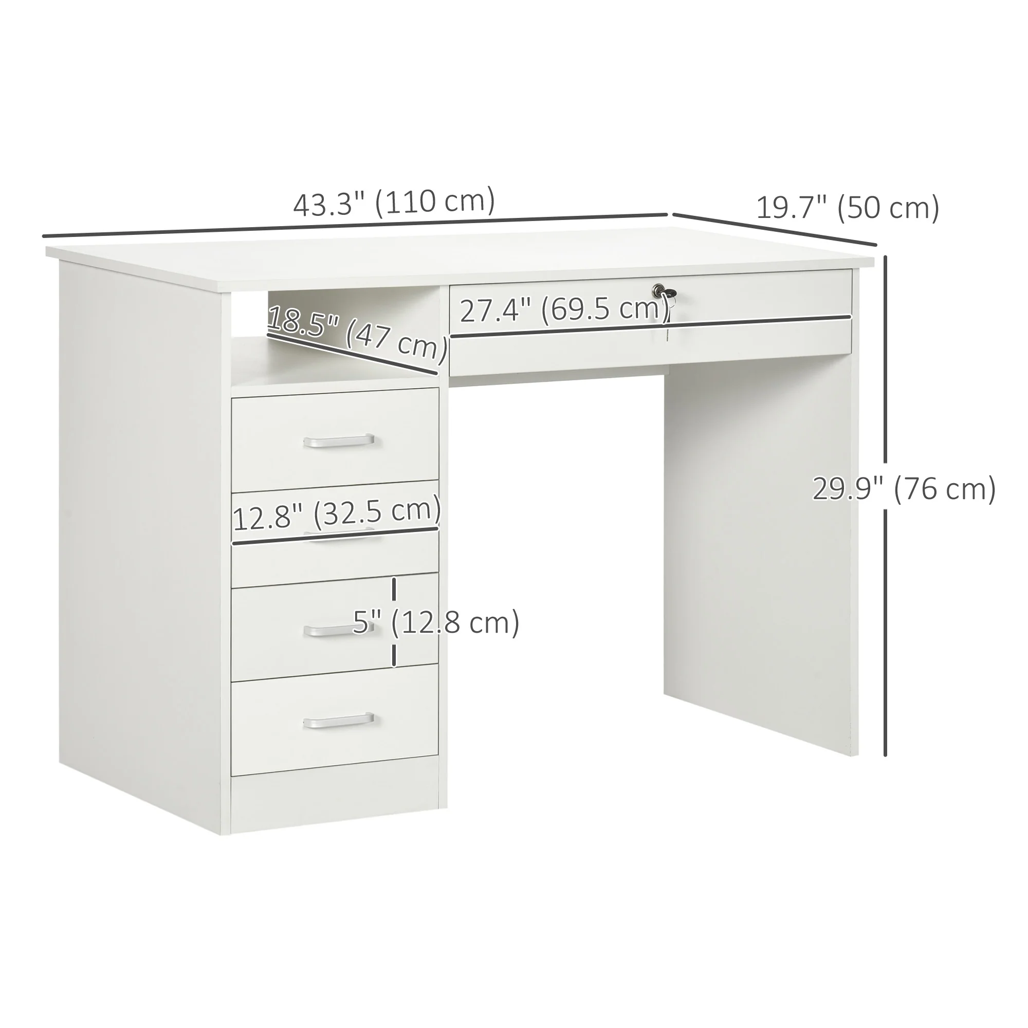 Home Office Desk with Drawers, Computer Desk with Lockable Drawer & Open Compartment, White - Image 5