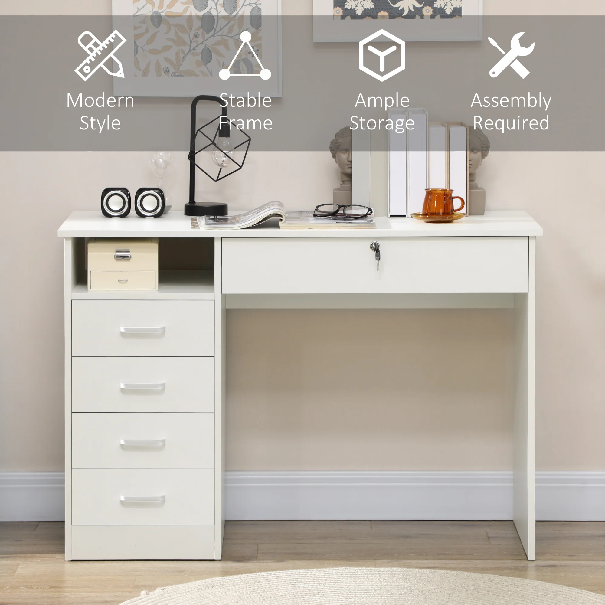Home Office Desk with Drawers, Computer Desk with Lockable Drawer & Open Compartment, White - Image 8