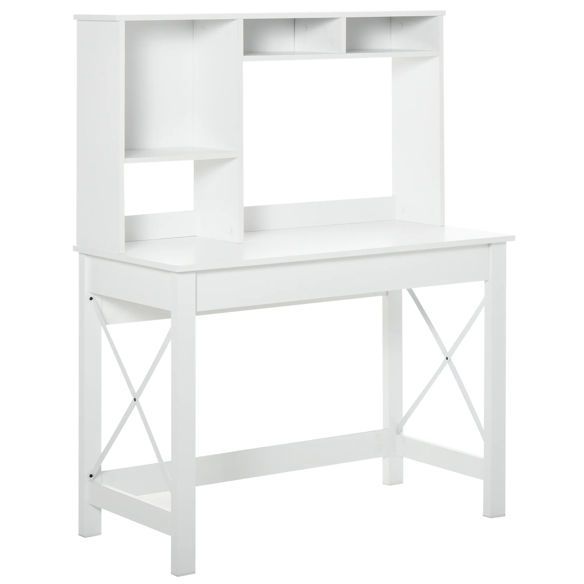 Computer Desk with Storage, X-Design Study Table with Bookshelves for Writing Work, White