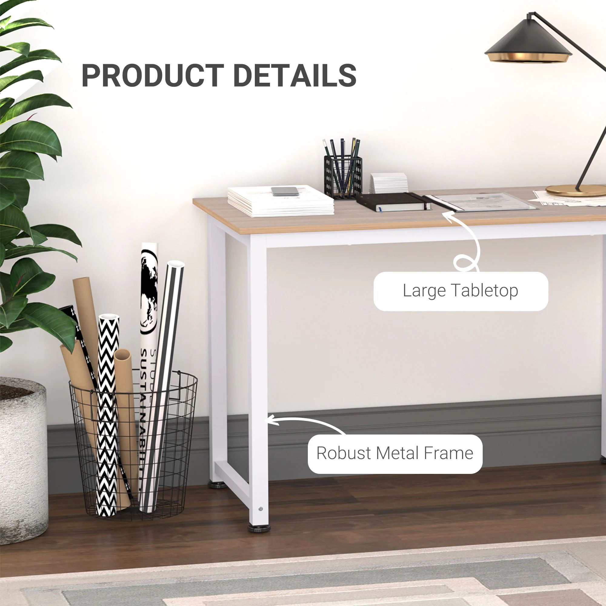 Computer Desk, 120 x 60 x 76cm Workstation with Metal Frame, Simple Assembly, White - Image 7