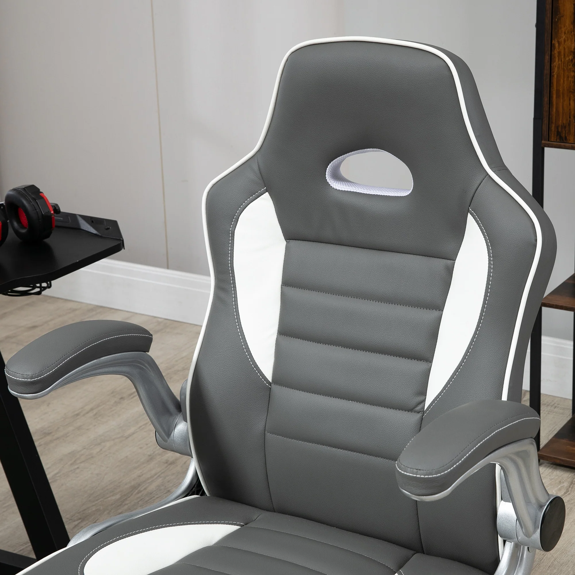 Swivel Computer Gaming Chair with 90° Flip-up Armrest, Adjustable Height, PU Leather, Grey - Image 10