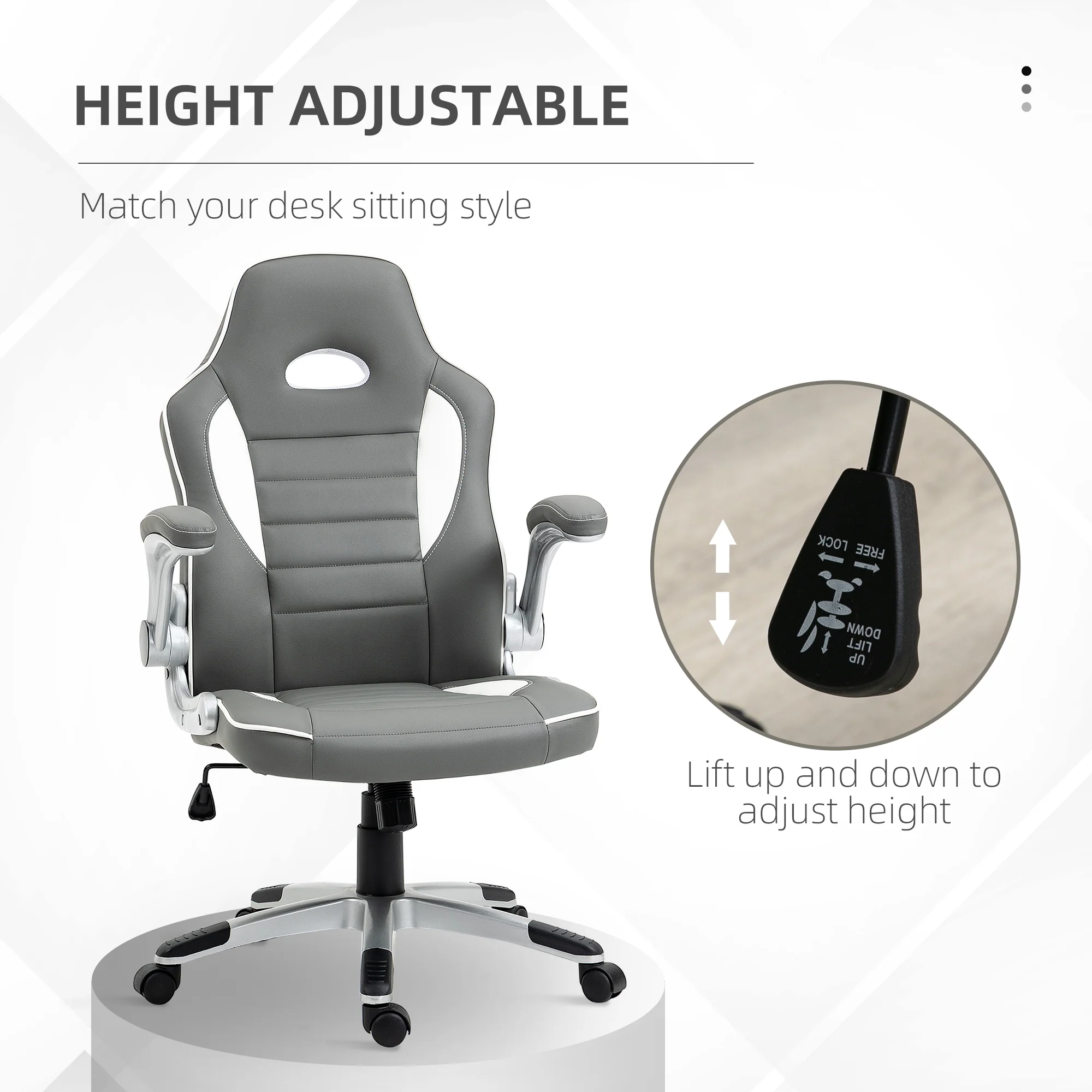Swivel Computer Gaming Chair with 90° Flip-up Armrest, Adjustable Height, PU Leather, Grey - Image 6