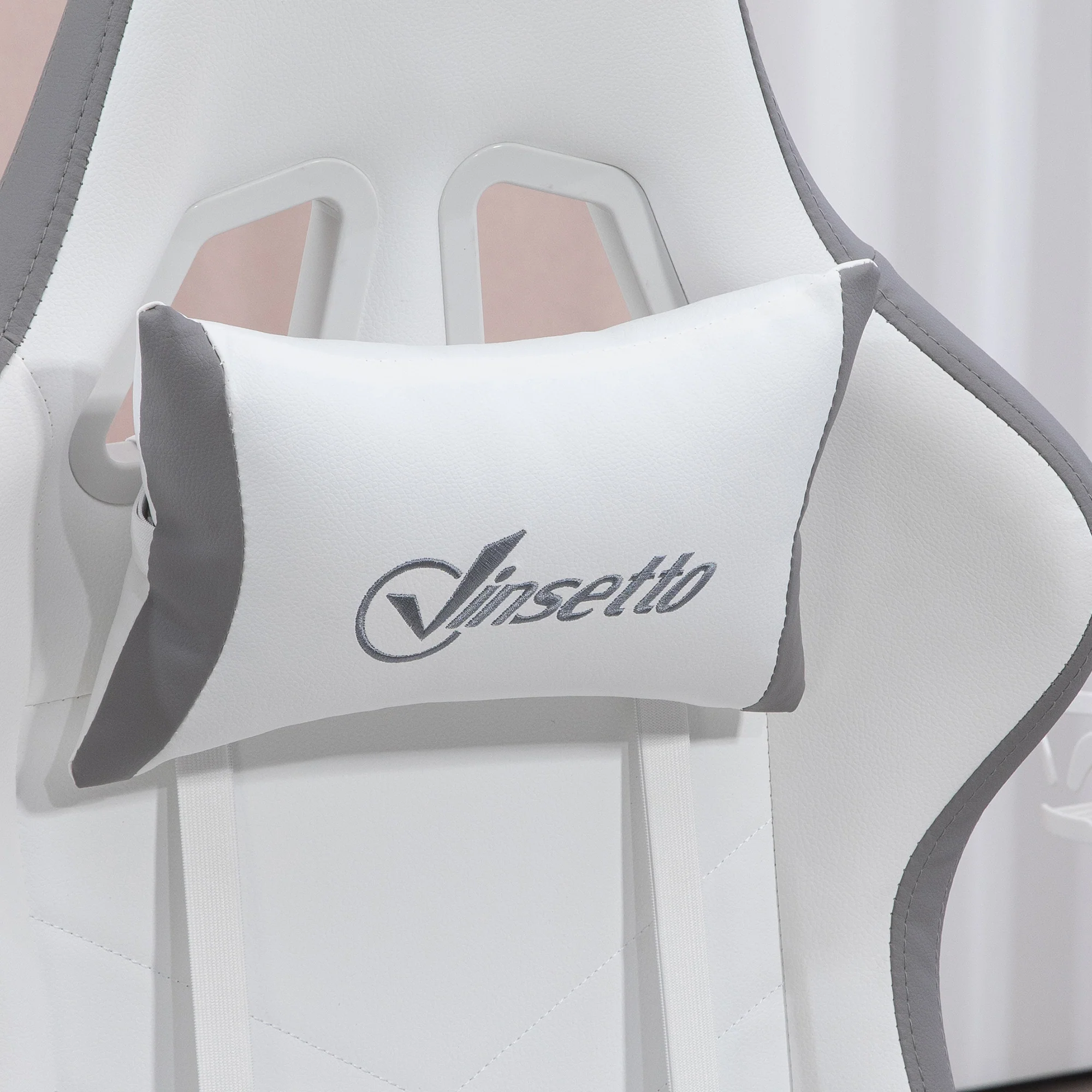 PU Leather Computer Gaming Chair with Footrest, 135° Reclining Back & Lumbar Support, White and Grey - Image 10