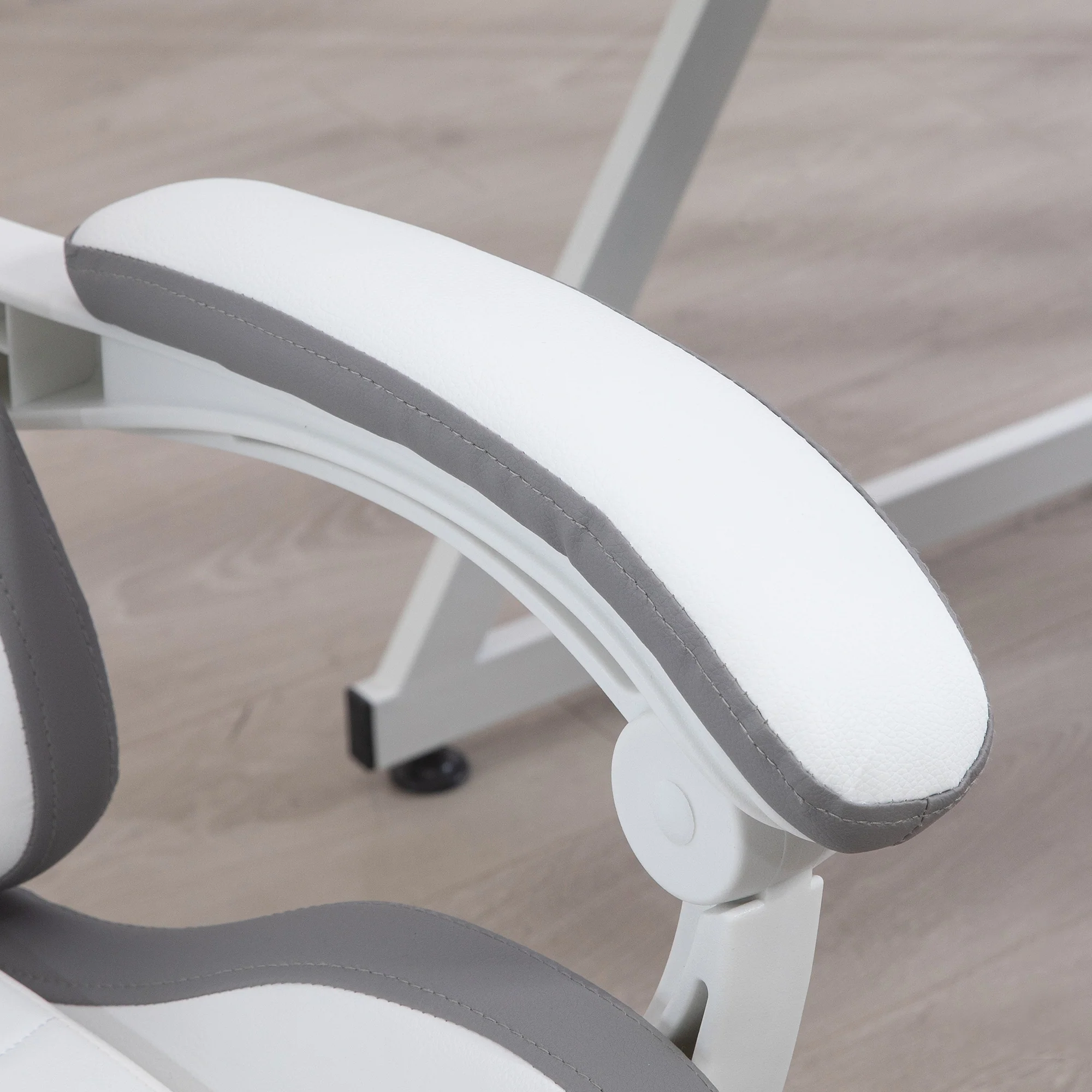 PU Leather Computer Gaming Chair with Footrest, 135° Reclining Back & Lumbar Support, White and Grey - Image 11