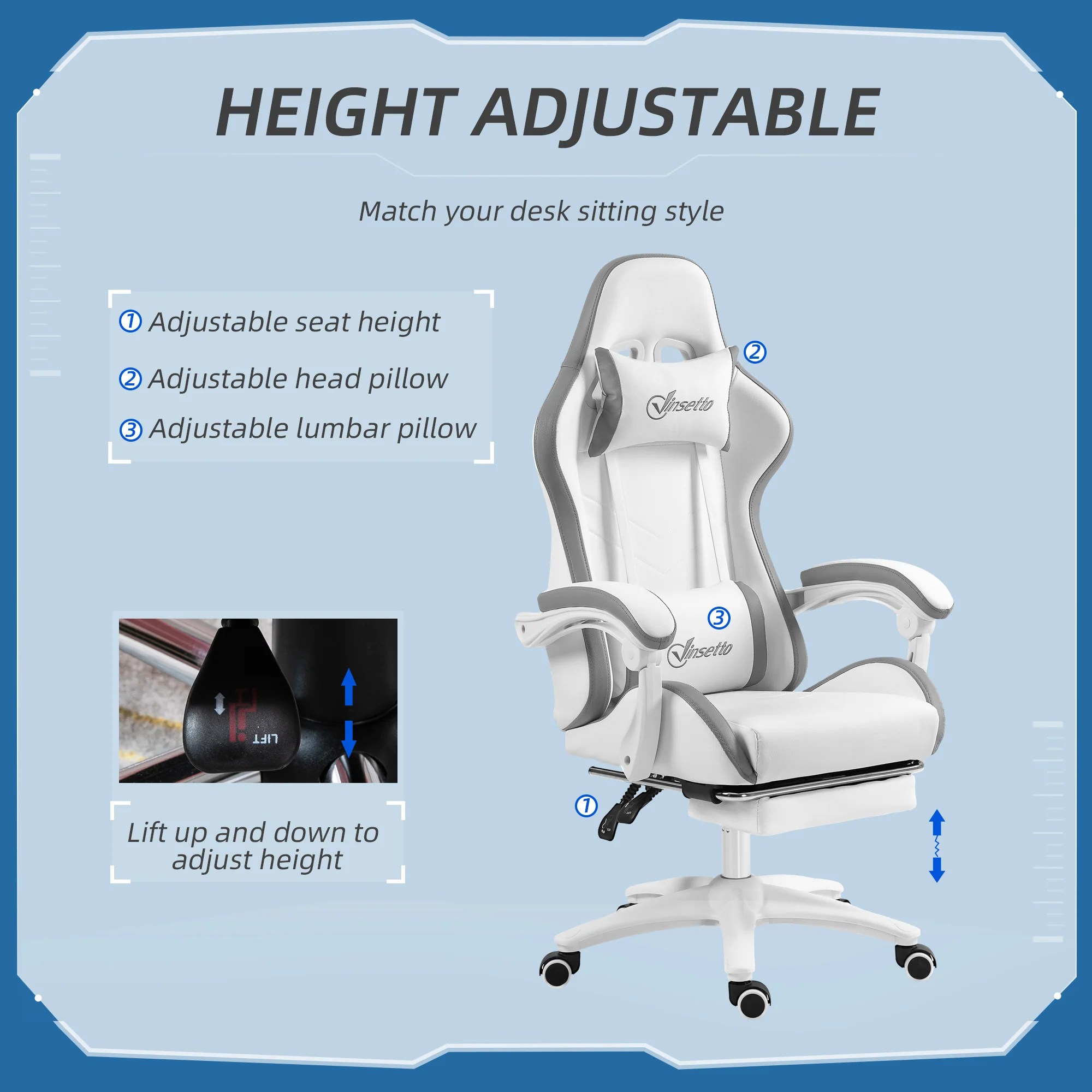 PU Leather Computer Gaming Chair with Footrest, 135° Reclining Back & Lumbar Support, White and Grey - Image 6