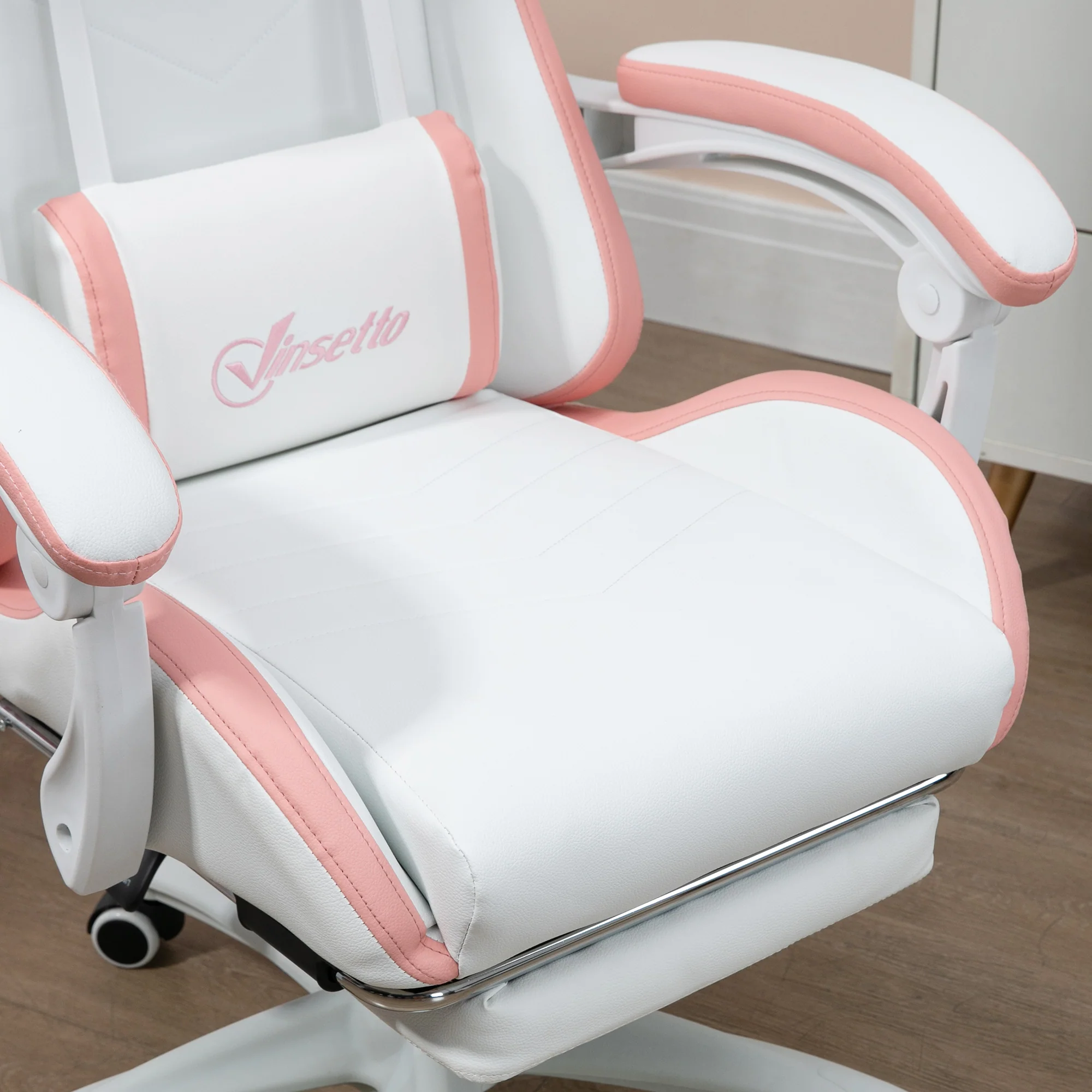 PU Leather Computer Gaming Chair with Footrest,  135° Reclining Back & Lumbar Support, White and Pink - Image 11