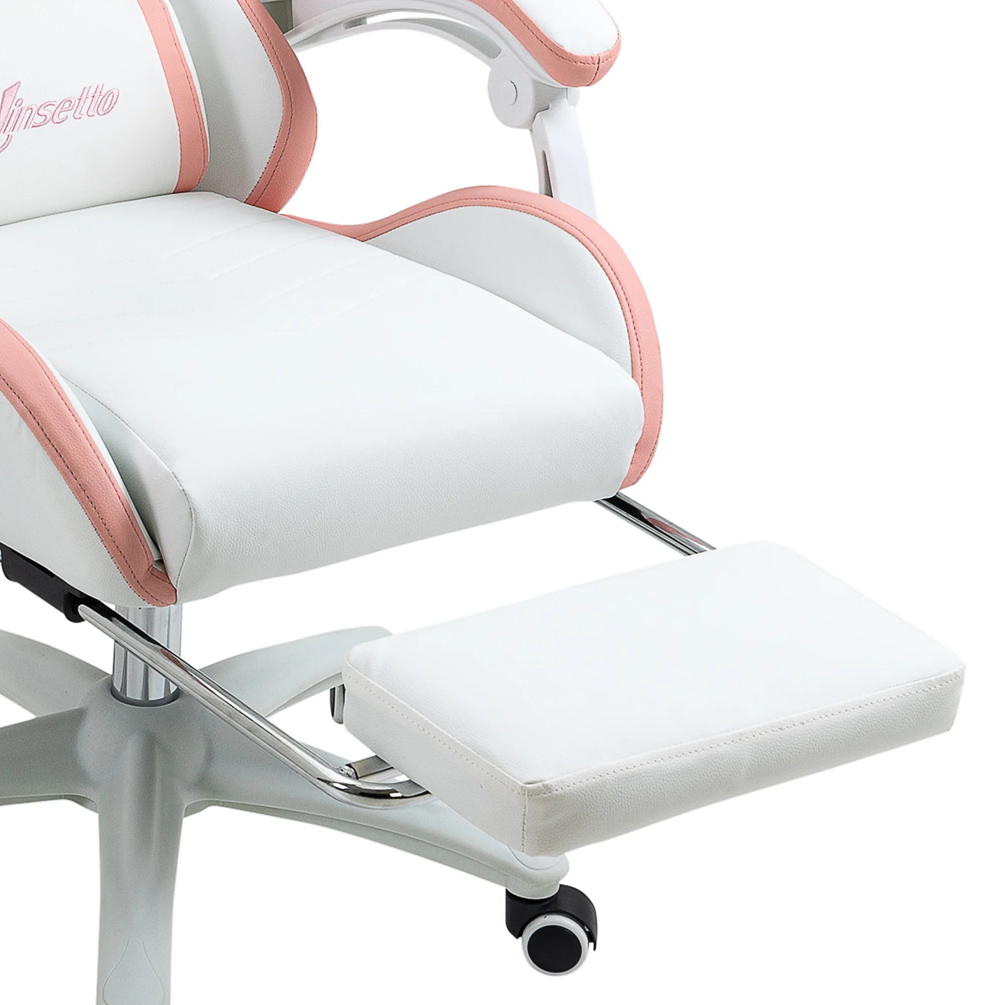 PU Leather Computer Gaming Chair with Footrest,  135° Reclining Back & Lumbar Support, White and Pink - Image 12