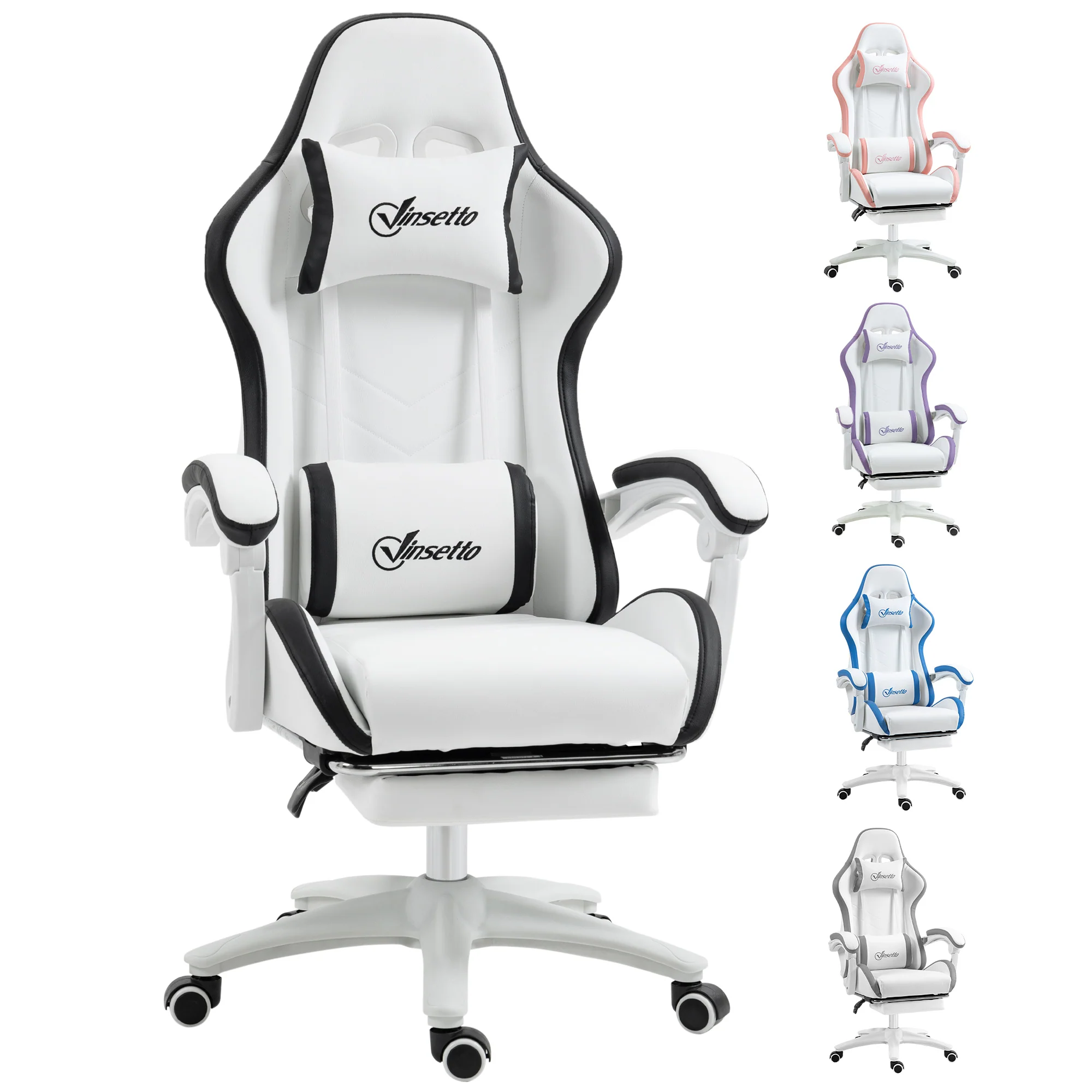 PU Leather Computer Gaming Chair with Footrest, 135° Reclining Back & Lumbar Support, White and Black