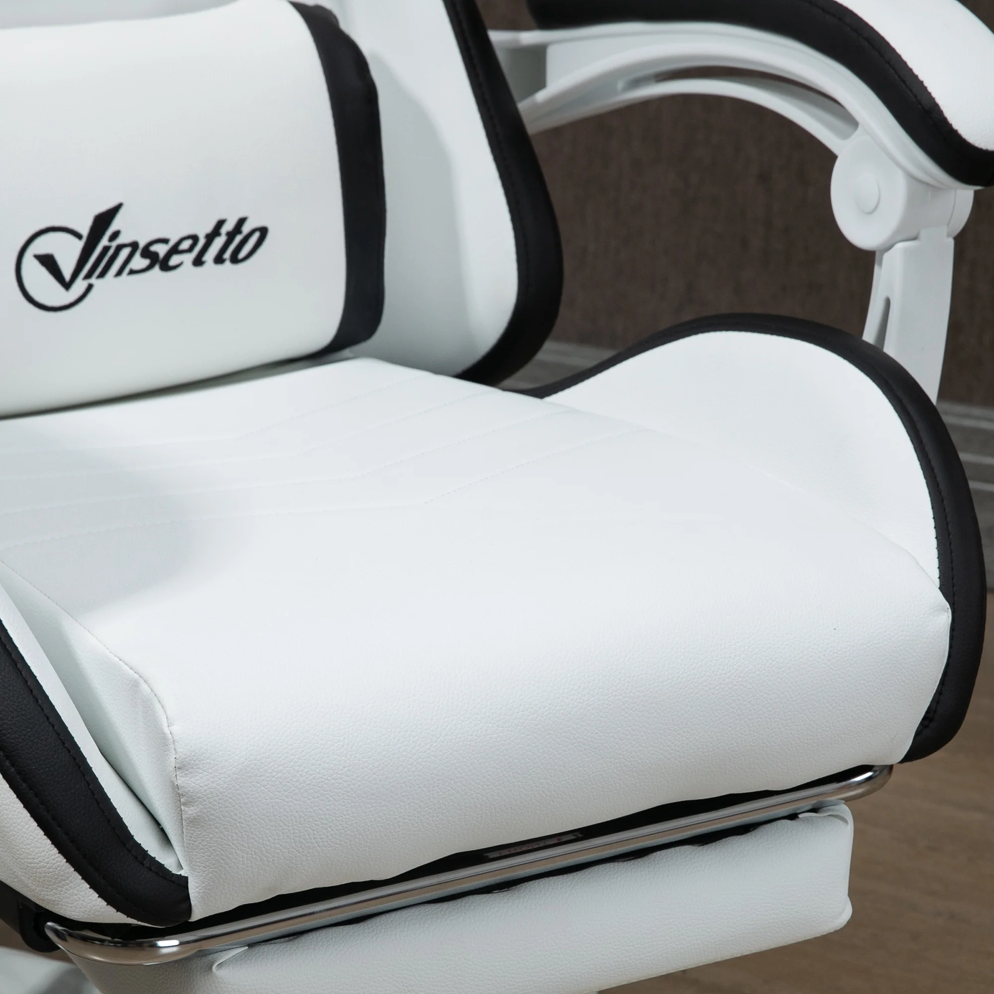 PU Leather Computer Gaming Chair with Footrest, 135° Reclining Back & Lumbar Support, White and Black - Image 11