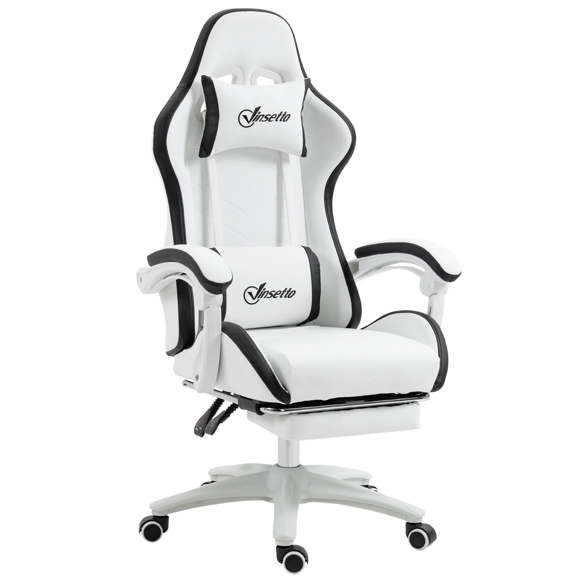 PU Leather Computer Gaming Chair with Footrest, 135° Reclining Back & Lumbar Support, White and Black - Image 2