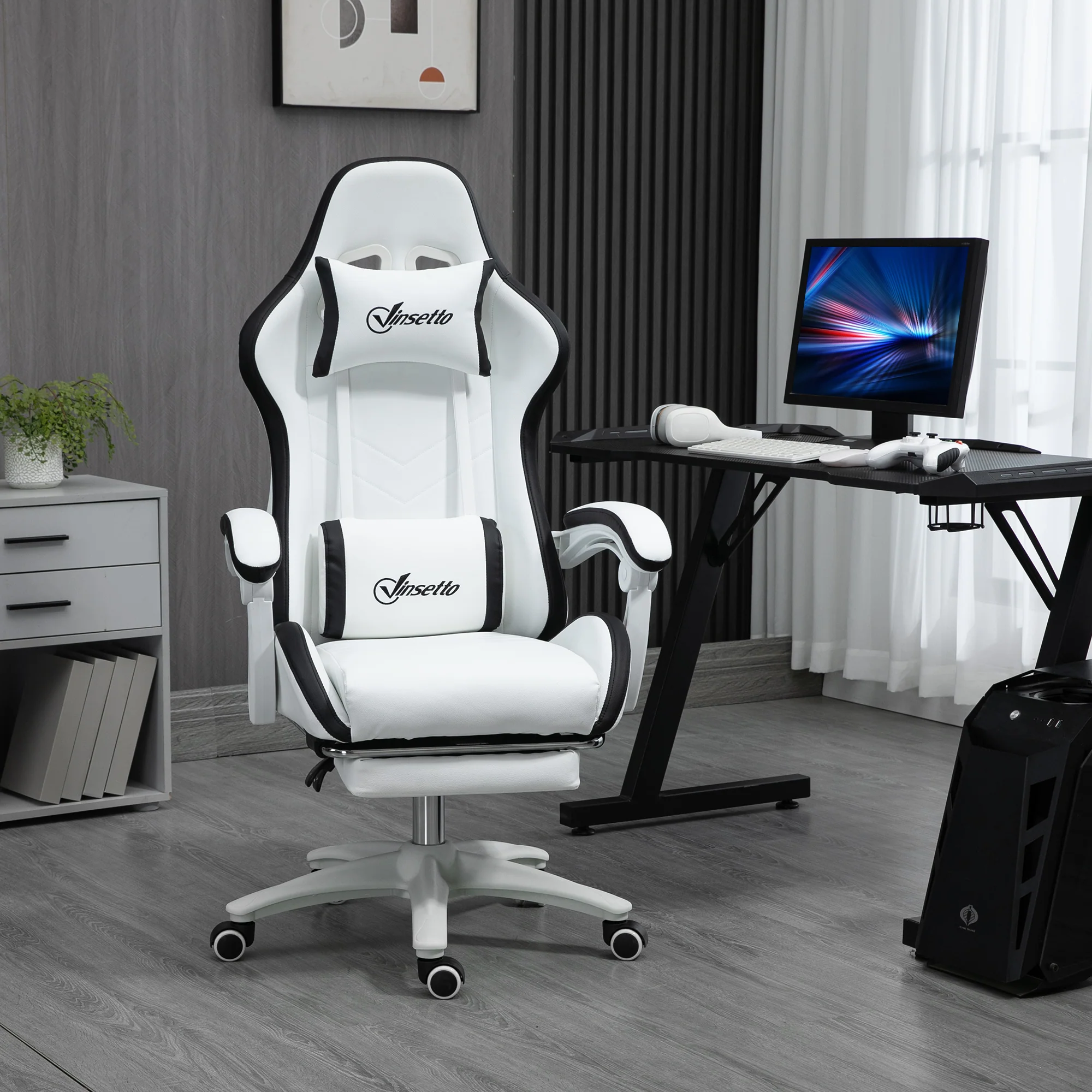 PU Leather Computer Gaming Chair with Footrest, 135° Reclining Back & Lumbar Support, White and Black - Image 3