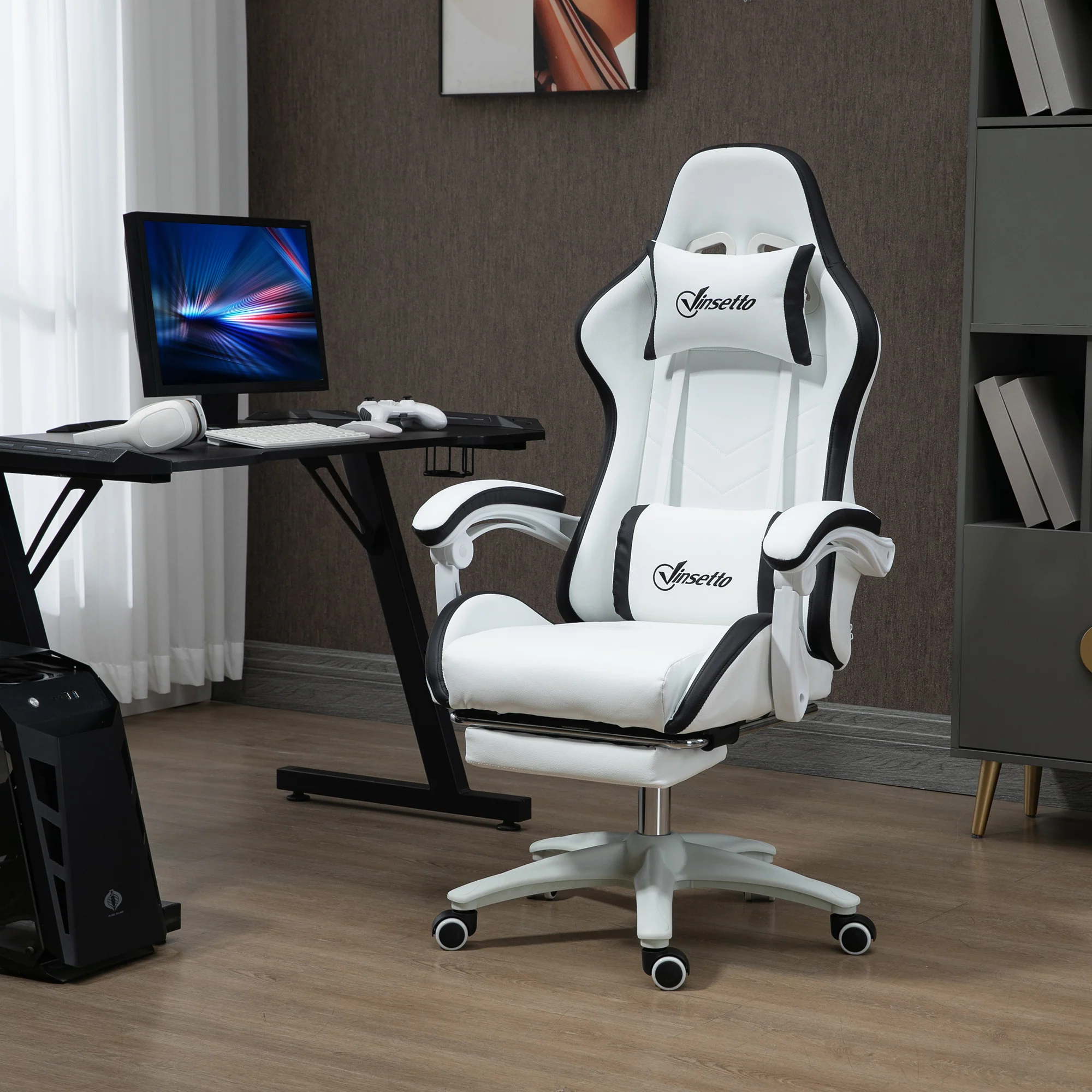 PU Leather Computer Gaming Chair with Footrest, 135° Reclining Back & Lumbar Support, White and Black - Image 4