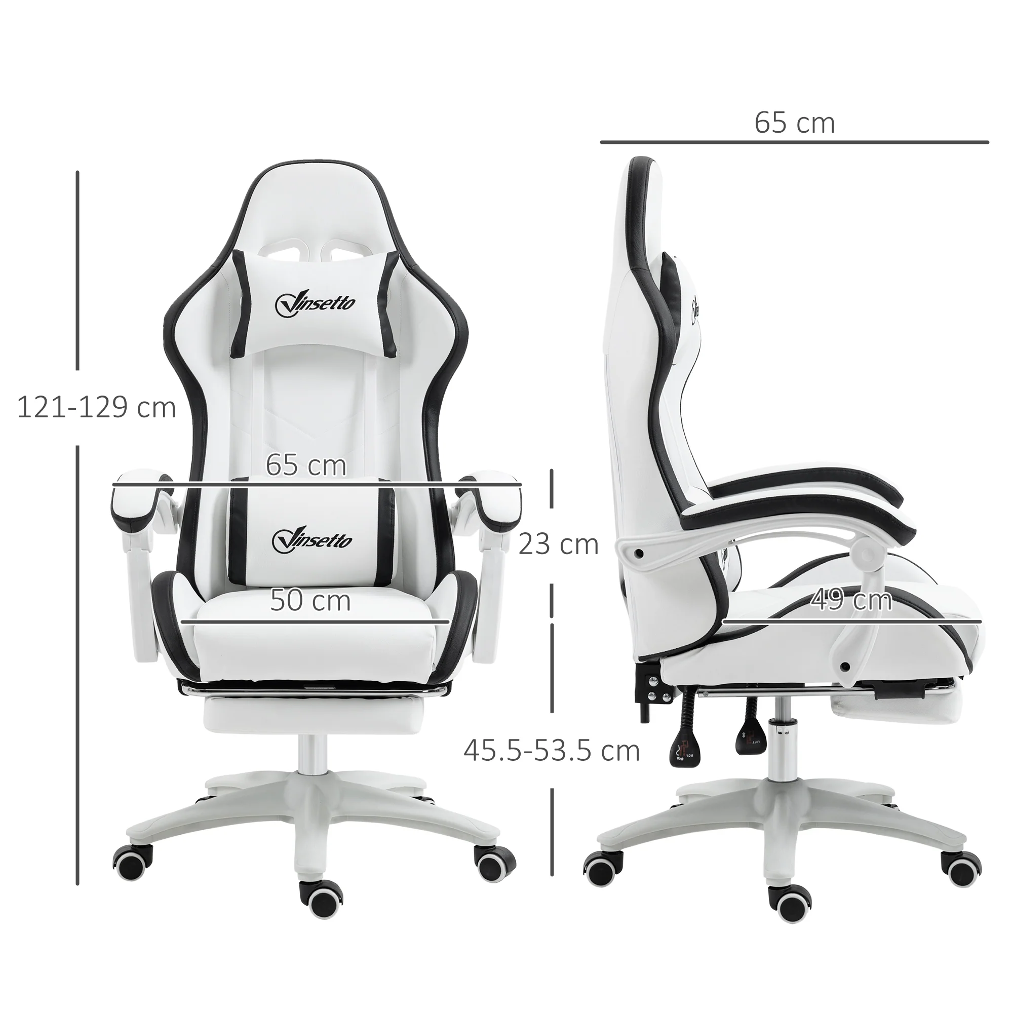 PU Leather Computer Gaming Chair with Footrest, 135° Reclining Back & Lumbar Support, White and Black - Image 5