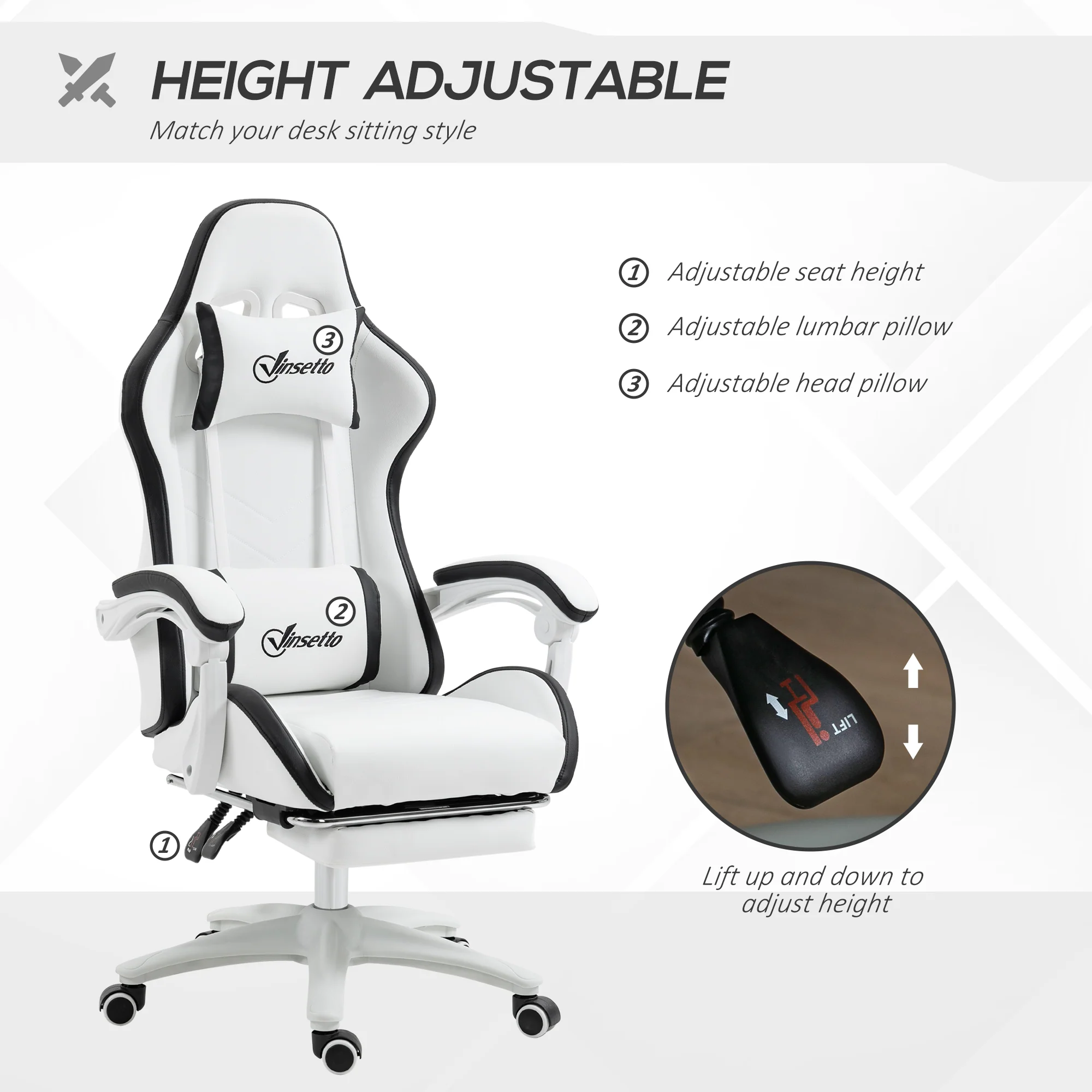 PU Leather Computer Gaming Chair with Footrest, 135° Reclining Back & Lumbar Support, White and Black - Image 6