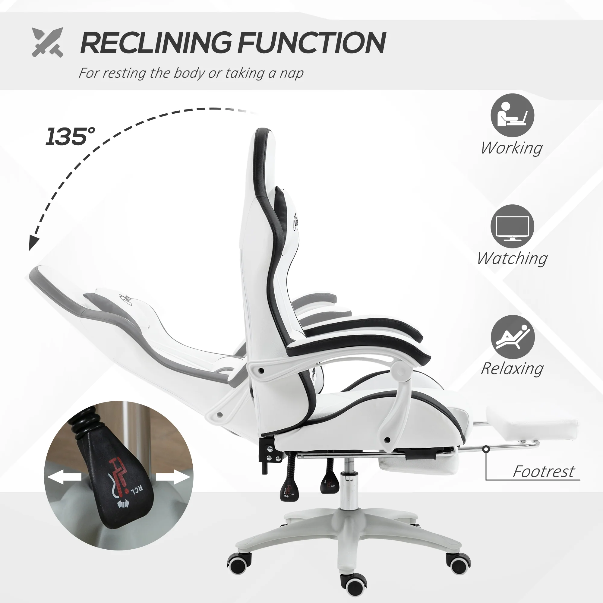 PU Leather Computer Gaming Chair with Footrest, 135° Reclining Back & Lumbar Support, White and Black - Image 7