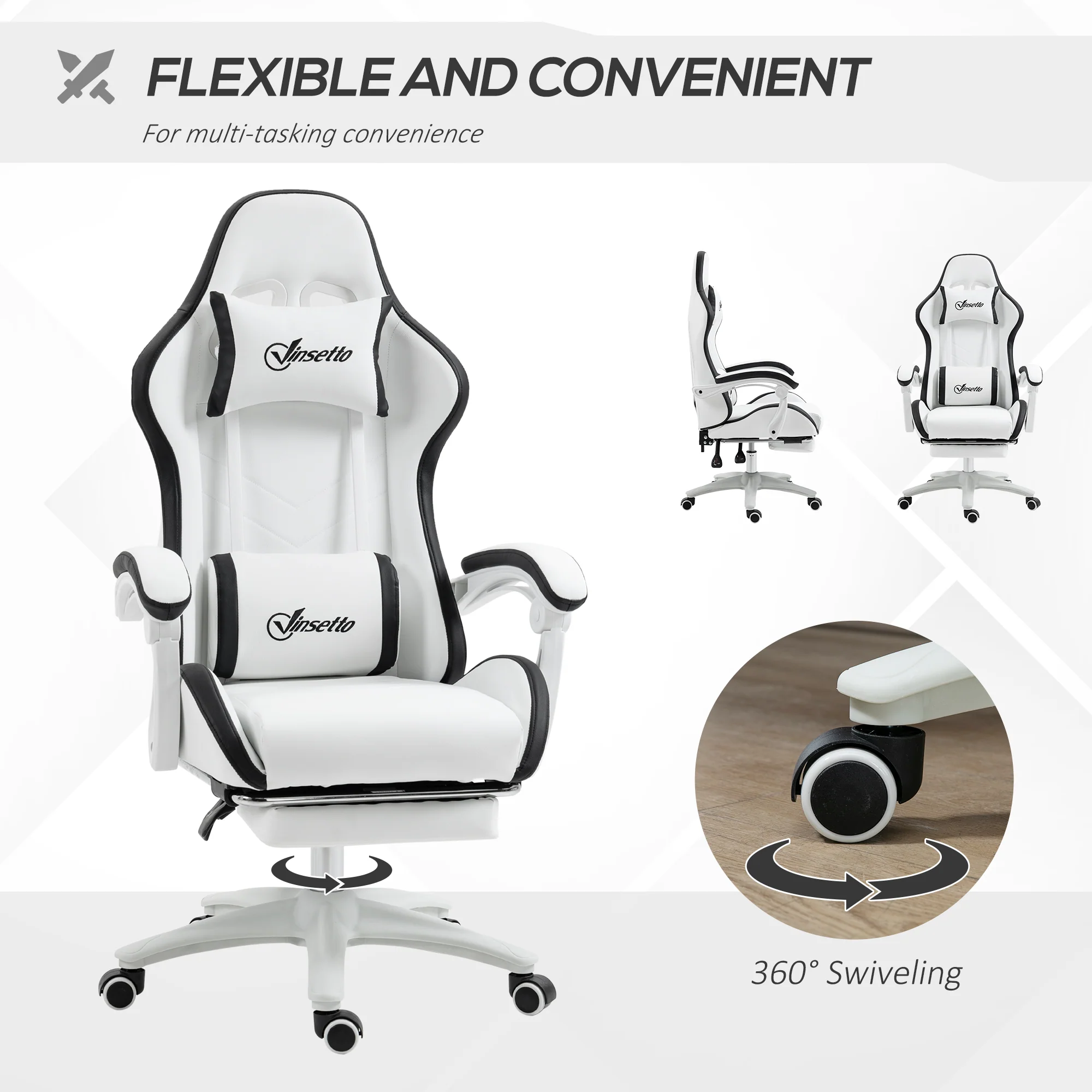 PU Leather Computer Gaming Chair with Footrest, 135° Reclining Back & Lumbar Support, White and Black - Image 8