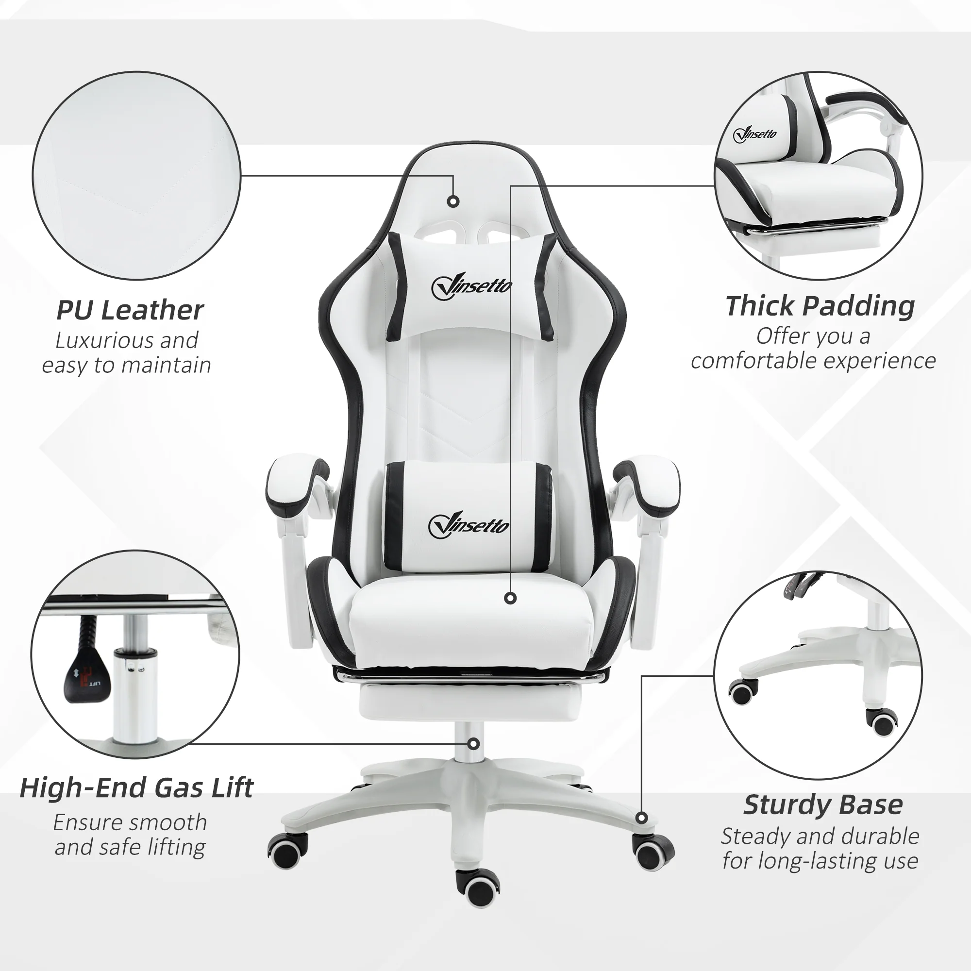 PU Leather Computer Gaming Chair with Footrest, 135° Reclining Back & Lumbar Support, White and Black - Image 9