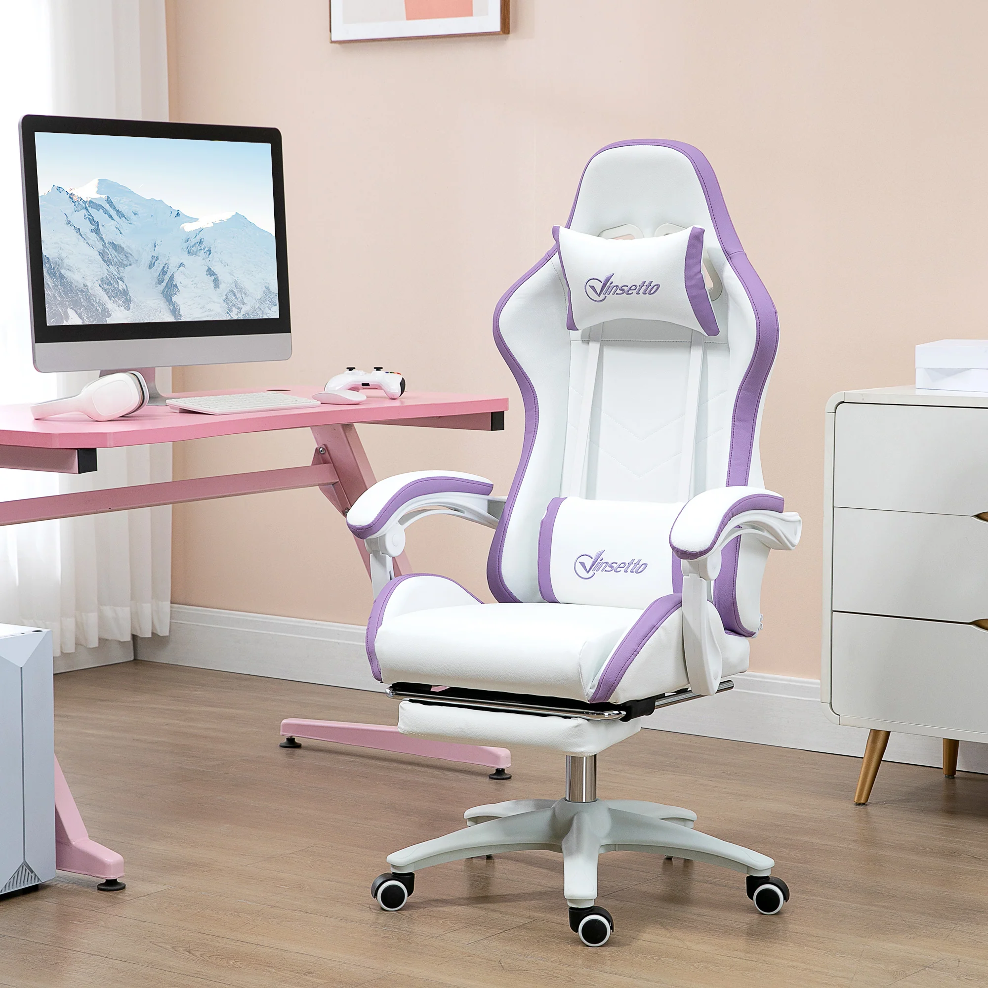 PU Leather Computer Gaming Chair with Footrest,  135° Reclining Back & Lumbar Support, White and Purple - Image 3
