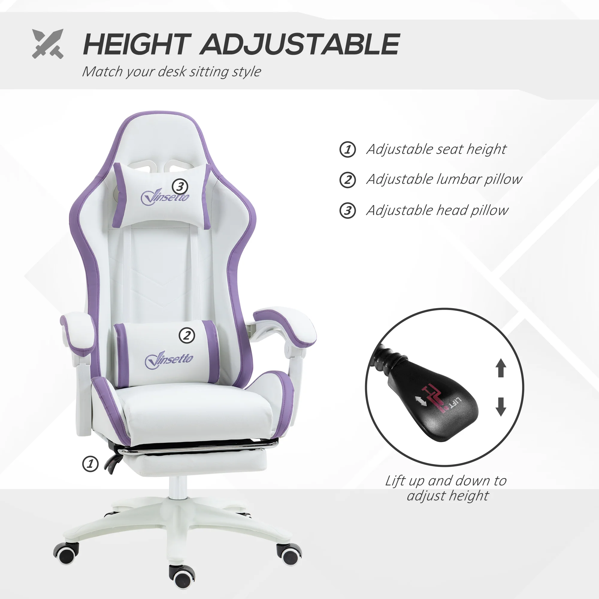 PU Leather Computer Gaming Chair with Footrest,  135° Reclining Back & Lumbar Support, White and Purple - Image 6
