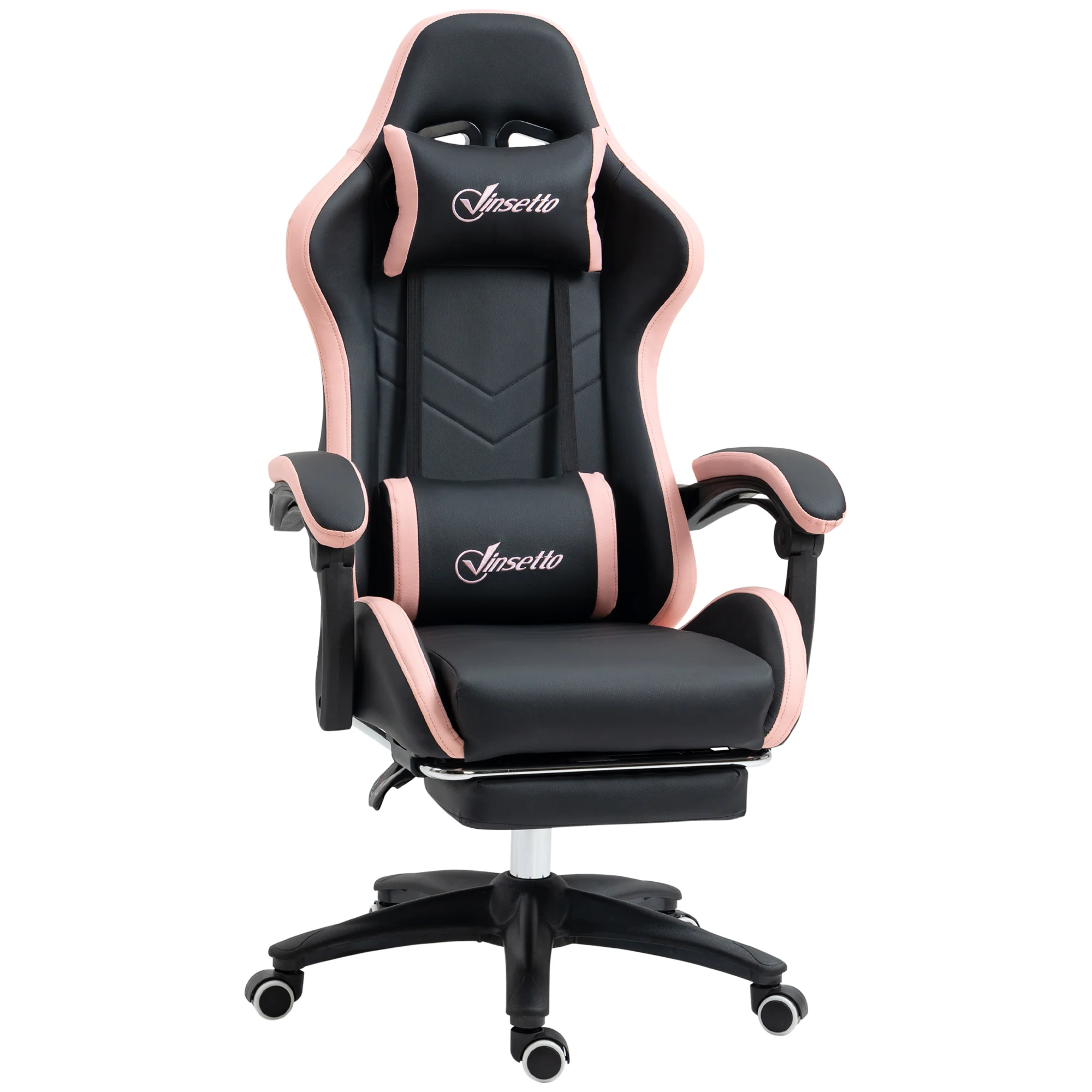 Computer Gaming Chair, PU Leather Office Desk Chair with Footrest, Swivel Wheels, 135° Reclining Back, Black and Pink