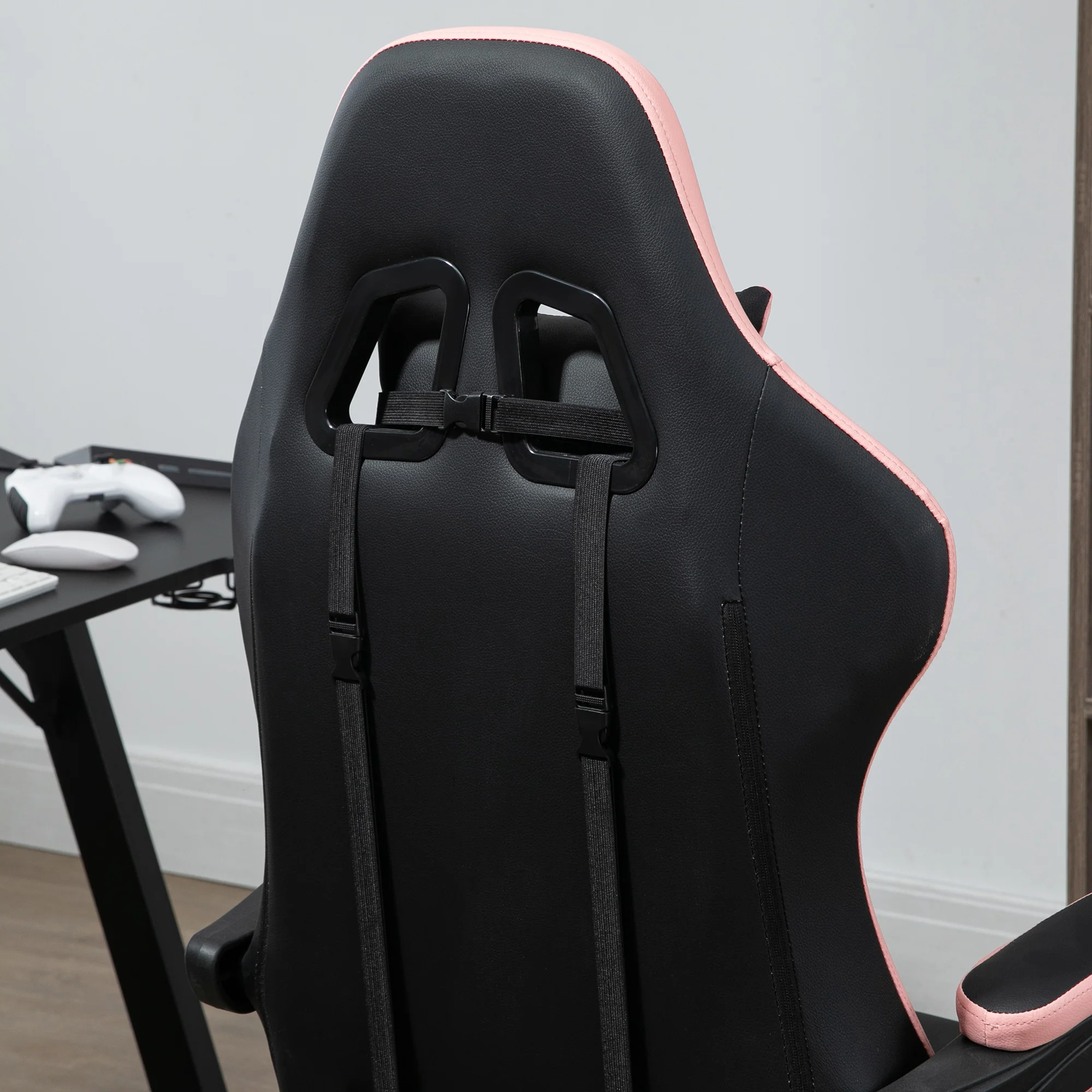 Computer Gaming Chair, PU Leather Office Desk Chair with Footrest, Swivel Wheels, 135° Reclining Back, Black and Pink - Image 10