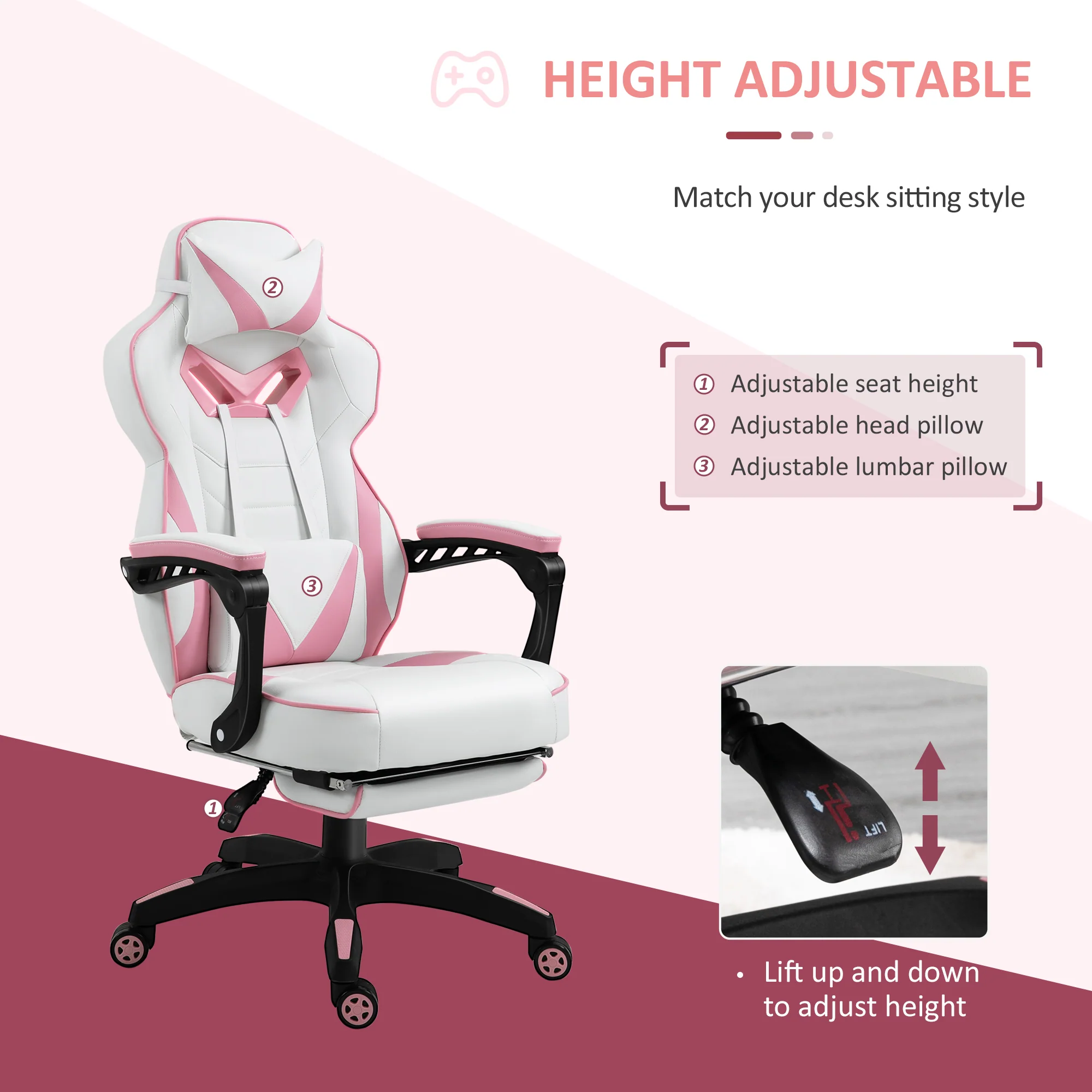 PU Leather Gamer Chair, Computer Desk Chair with Headrest, Lumbar Support & Footrest, Pink - Image 6