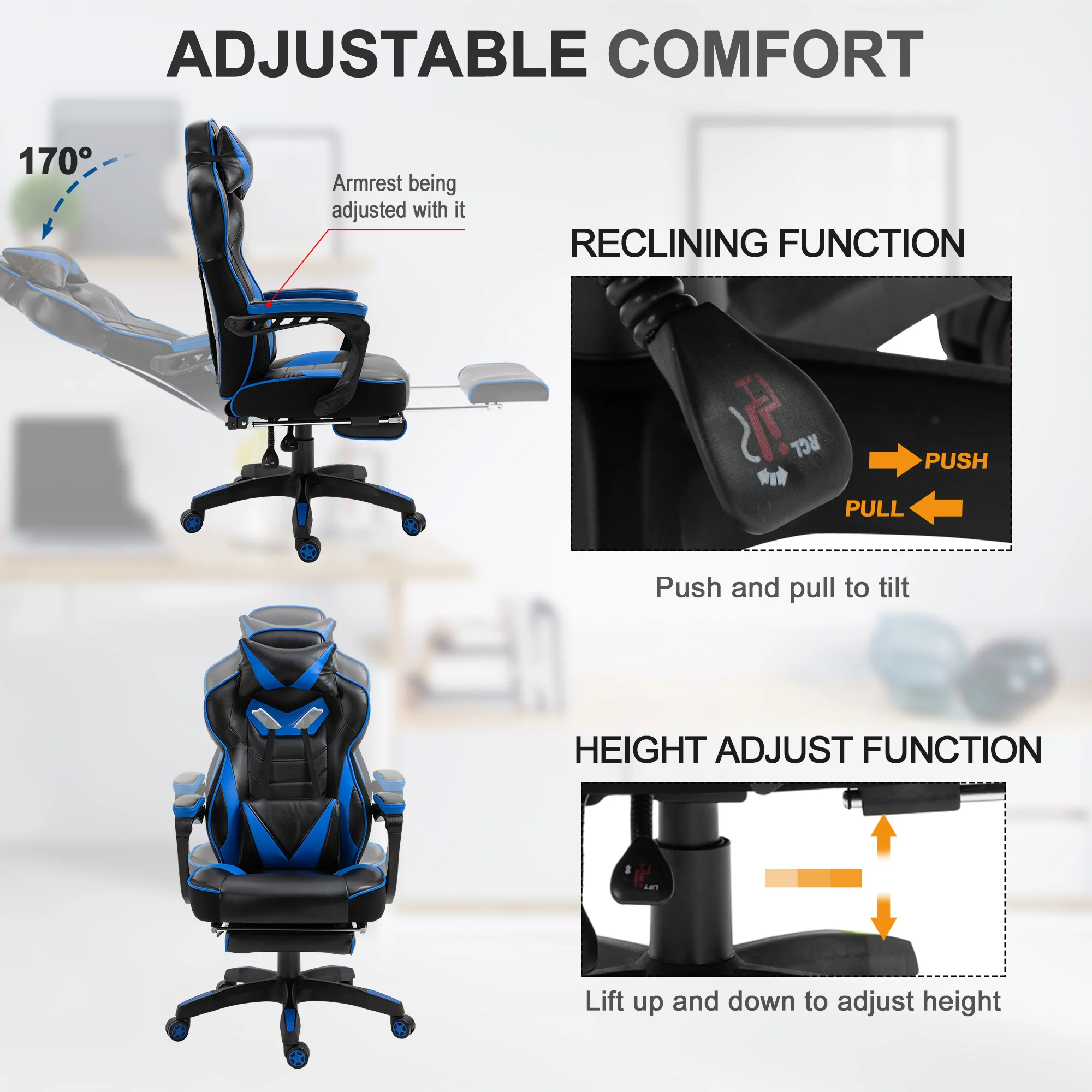 PU Leather Gamer Chair, Computer Desk Chair with Headrest, Lumbar Support & Footrest, Blue - Image 6