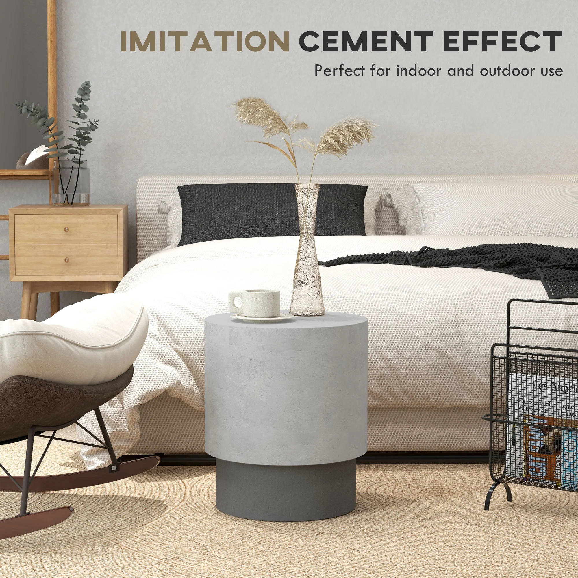17" Concrete Finish Round Side Table with 4 Adjustable Feet Indoor Outdoor, Grey - Image 6