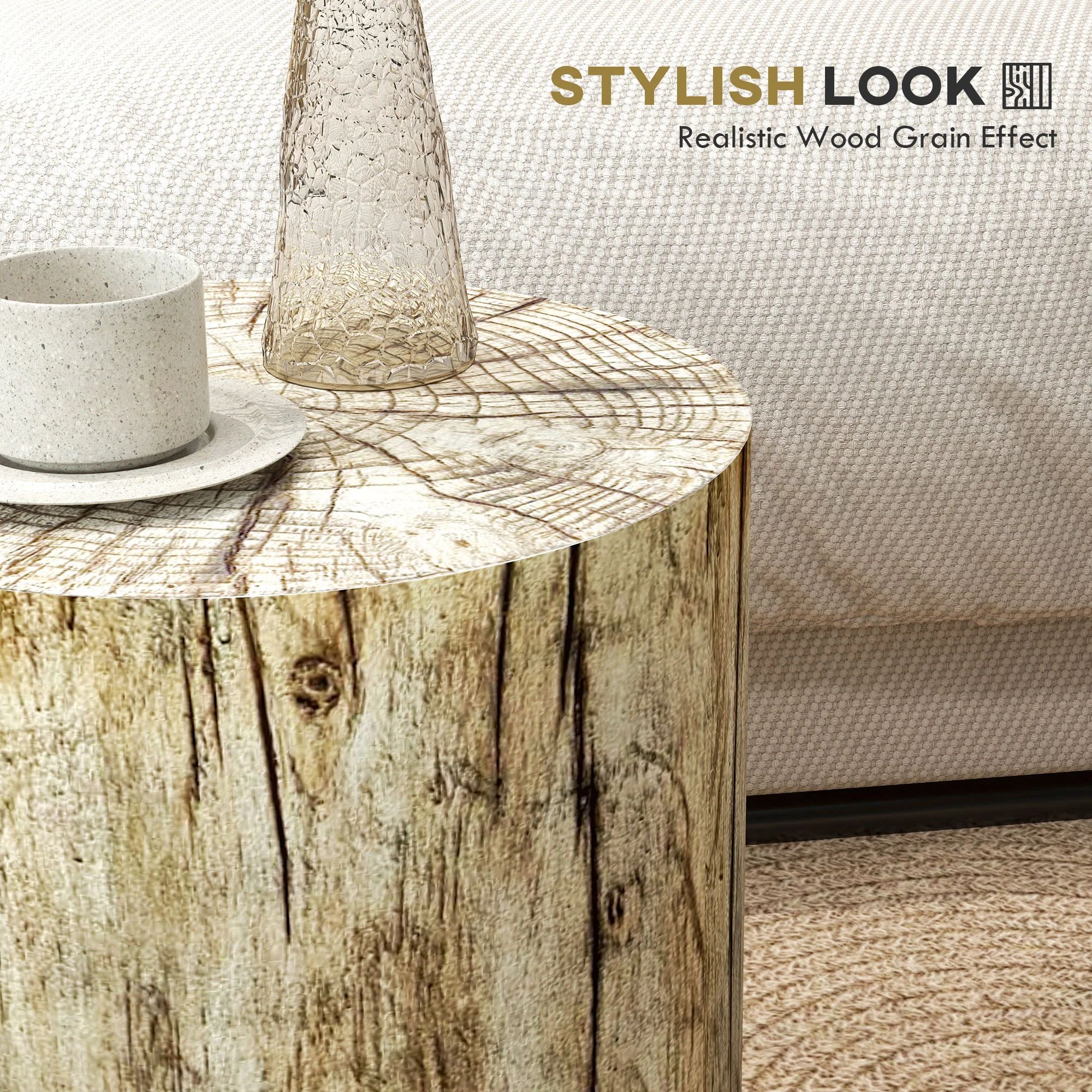 17" Concrete Finish Tree Stump Side Table with Adjustable Feet, Natural Wood - Image 7