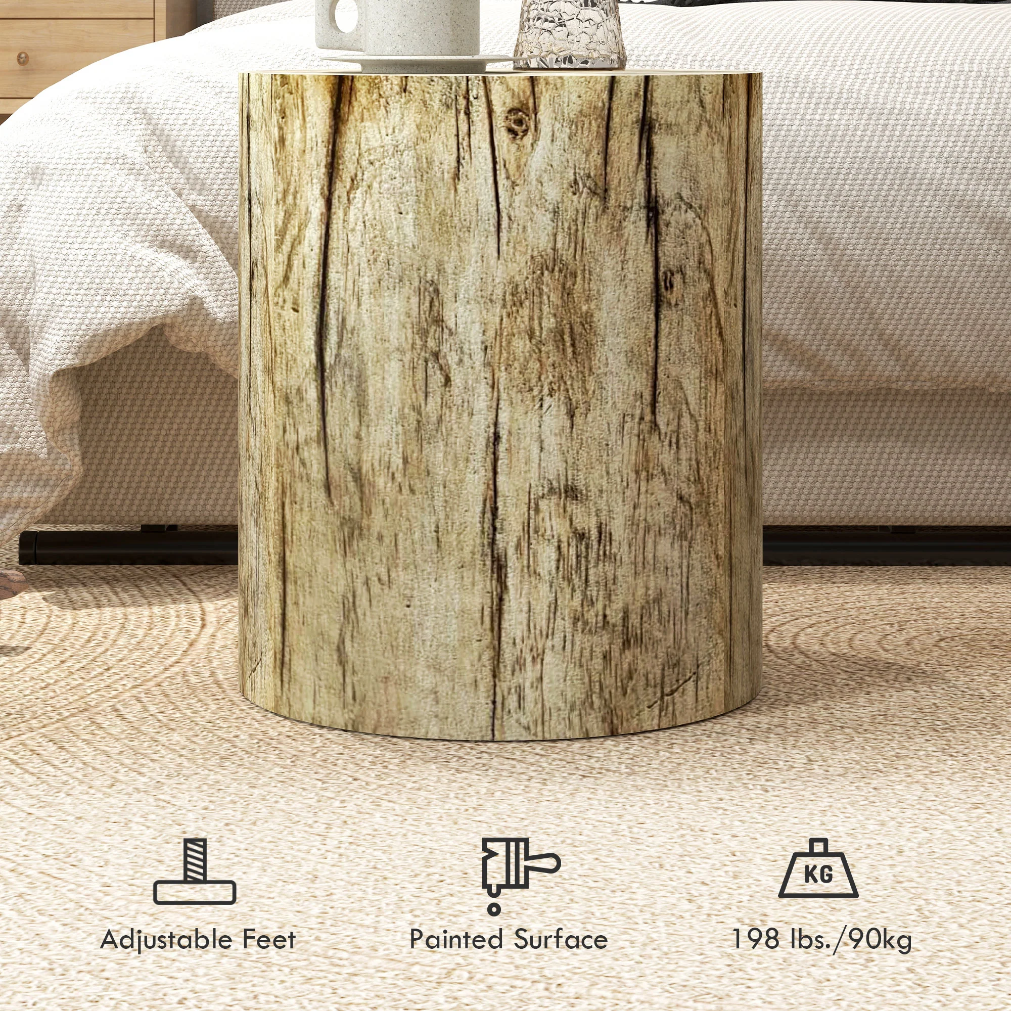 17" Concrete Finish Tree Stump Side Table with Adjustable Feet, Natural Wood - Image 8