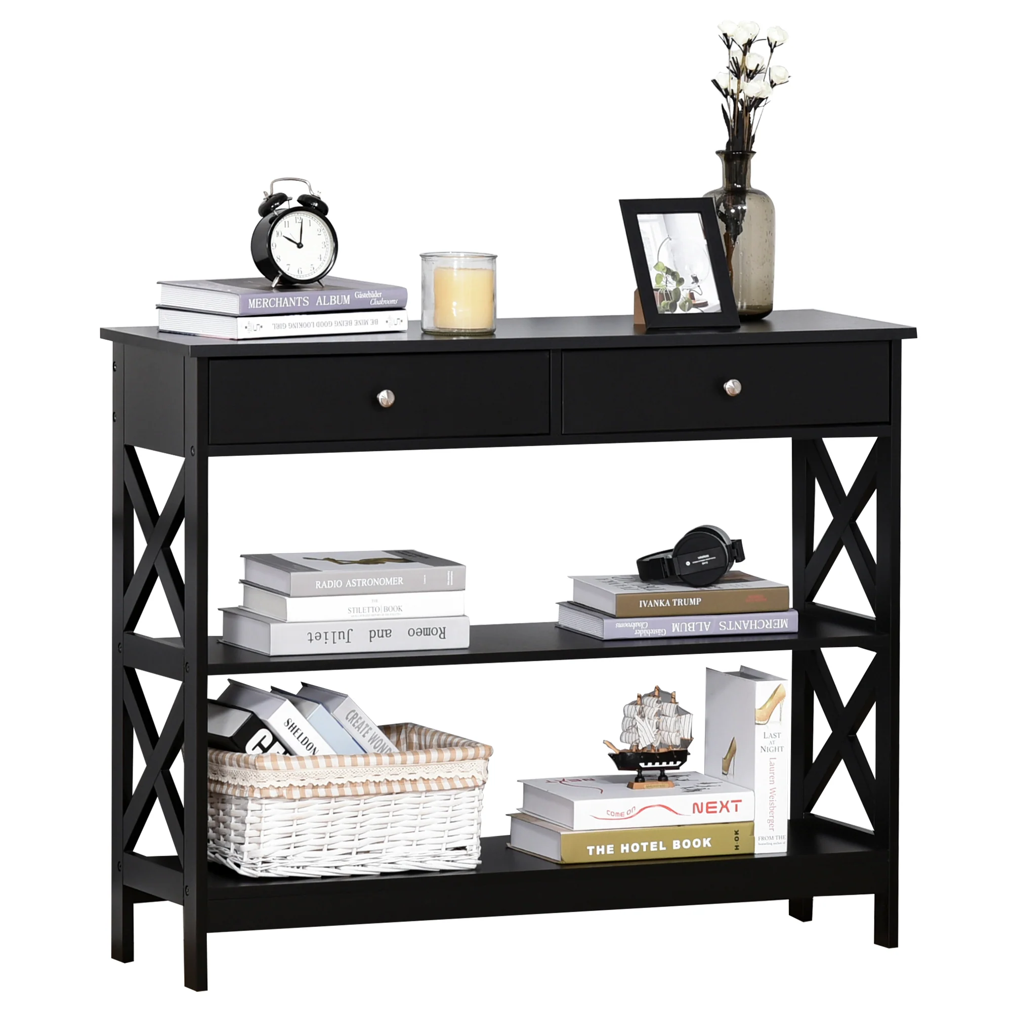 Console Table Sofa Side Desk with Storage Shelves Drawers X Frame for Entryway Black - Image 2