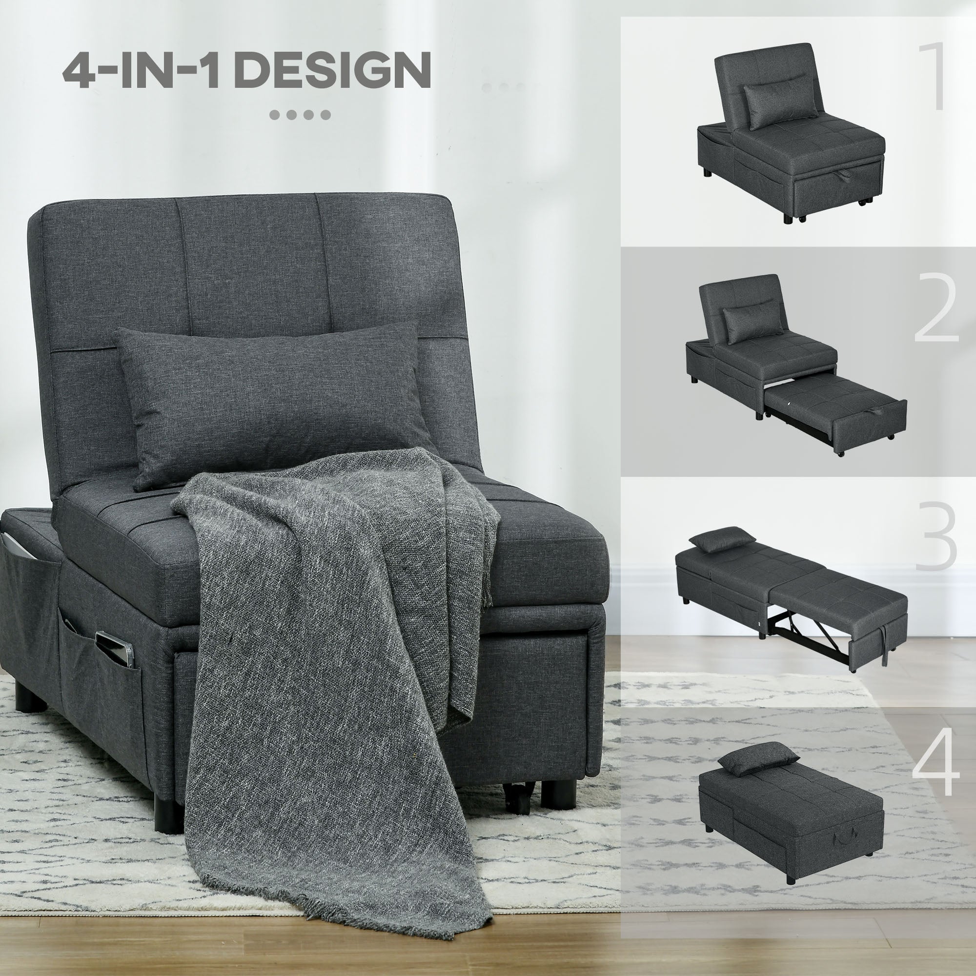 Convertible Sofa Bed with Adjustable Backrest, 4-in-1 Multi-Functional Sofa with Wheels, Grey - Image 8