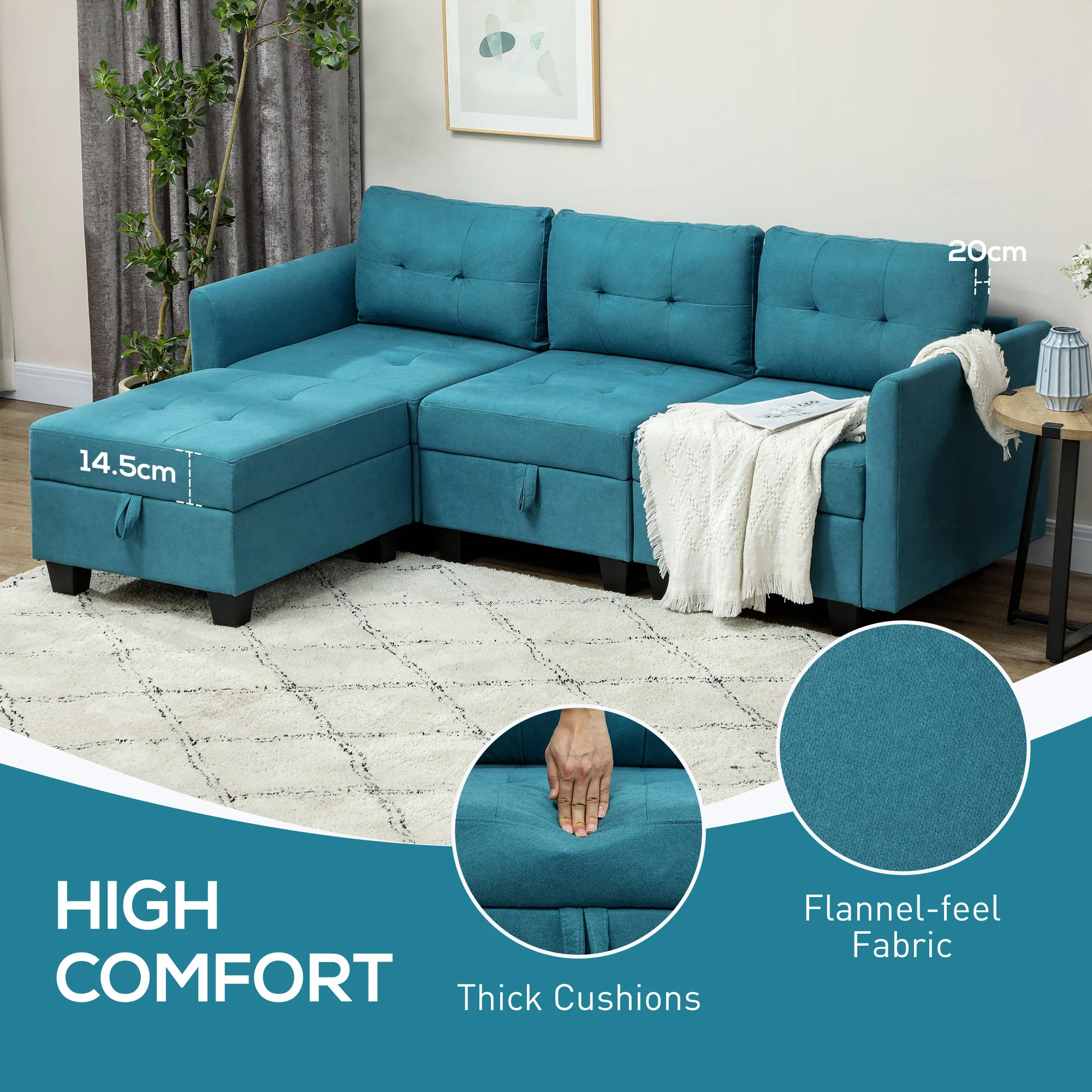 Convertible Sectional Sofa, 3 Seater Sofa Set with Ottoman& Storage, Light Blue - Image 8