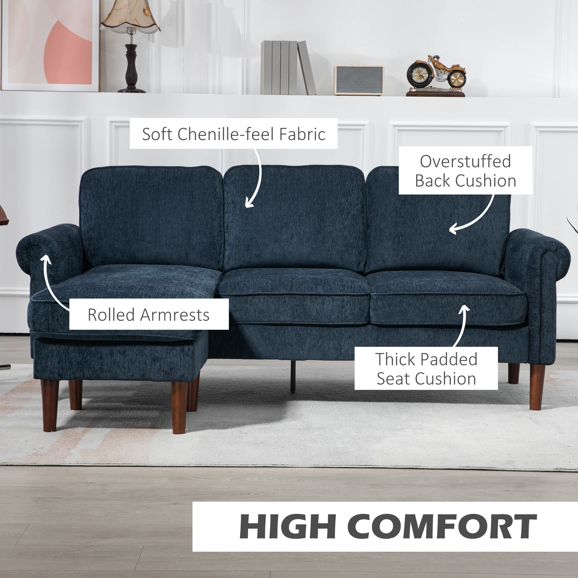 Convertible 3-Seater Sectional Sofa with Reversible Chaise Chenille, Dark Blue - Image 6