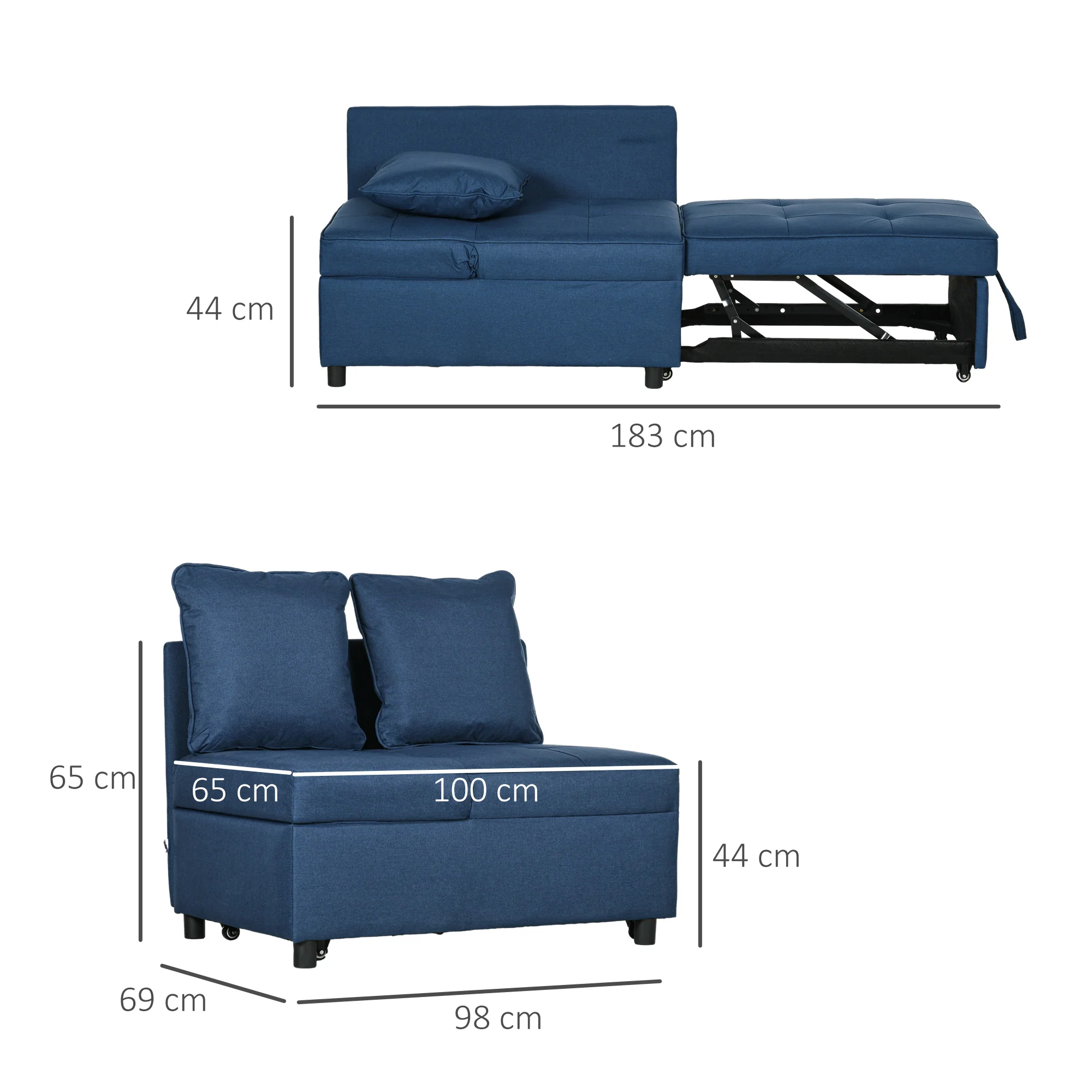 Convertible Single Sofa Bed w/ Thick Padded, 3-in-1 Multi-Functional Sofa with Wheels, Blue - Image 5