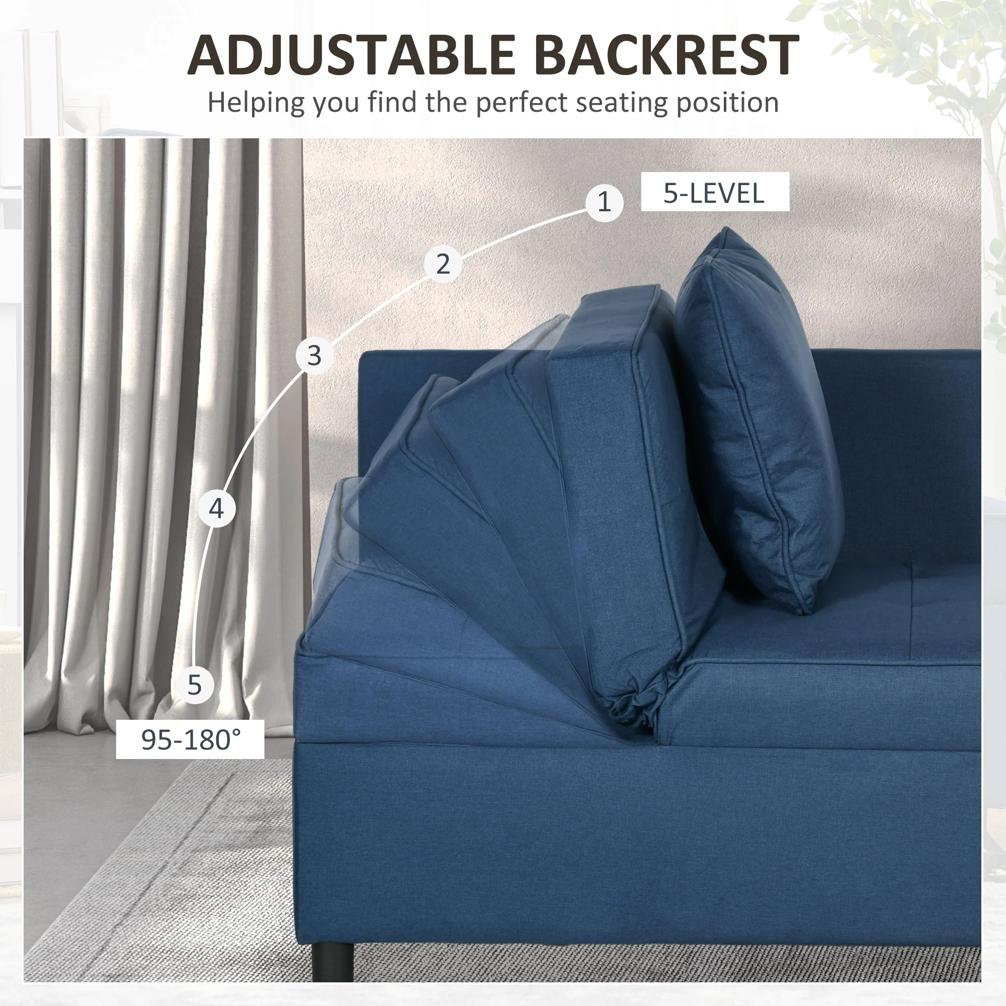 Convertible Single Sofa Bed w/ Thick Padded, 3-in-1 Multi-Functional Sofa with Wheels, Blue - Image 7