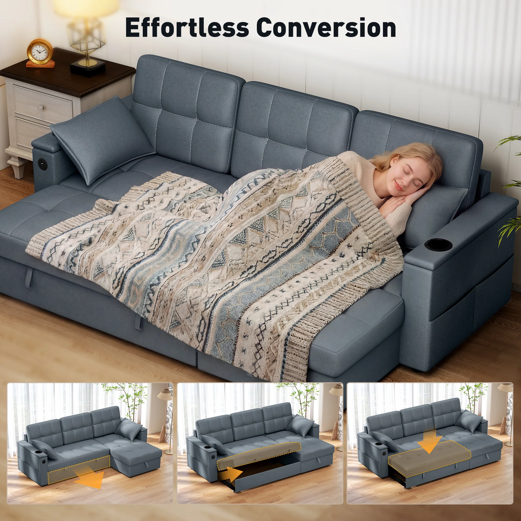 Convertible Sofa Bed, 85" Pull Out Sleeper Sofa with USB Ports, Dark Grey - Image 6