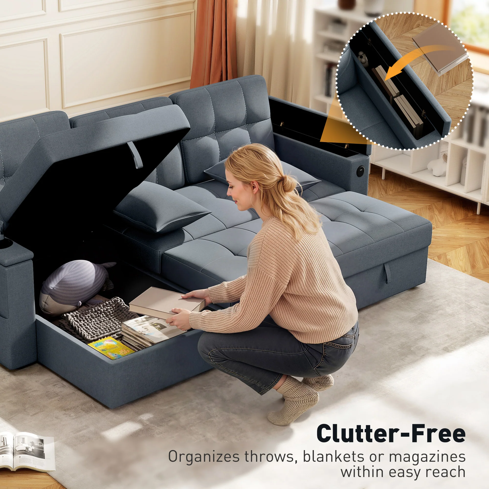 Convertible Sofa Bed, 85" Pull Out Sleeper Sofa with USB Ports, Dark Grey - Image 7