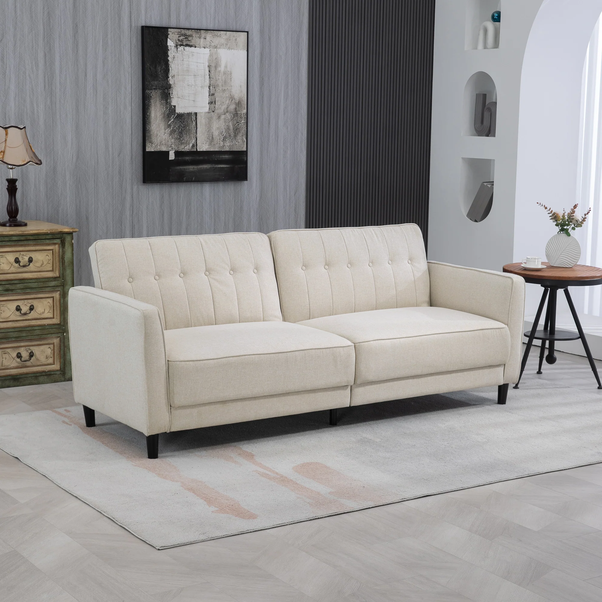 Convertible Sofa Bed with Adjustable Back Button Tufted Design, Beige - Image 3