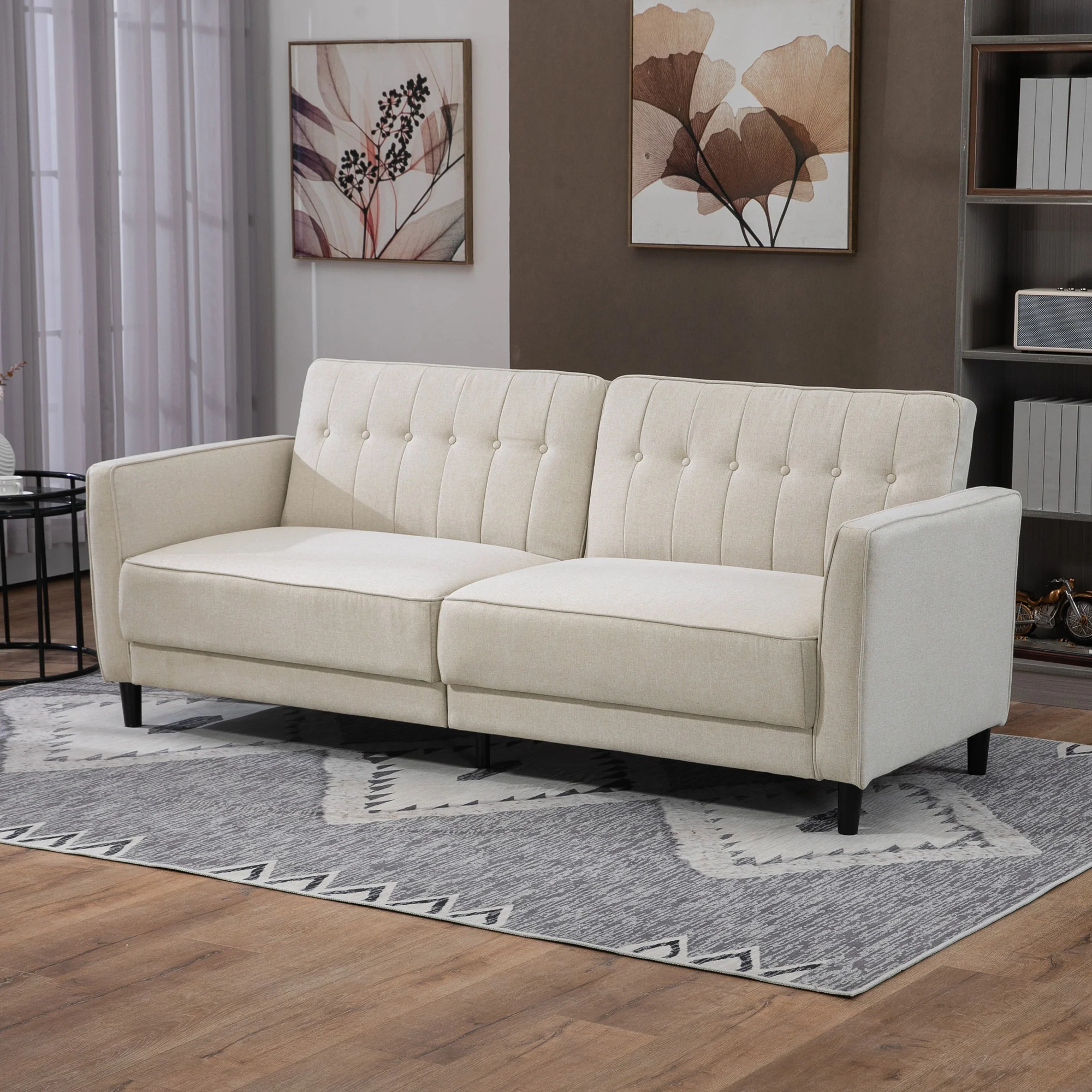 Convertible Sofa Bed with Adjustable Back Button Tufted Design, Beige - Image 4
