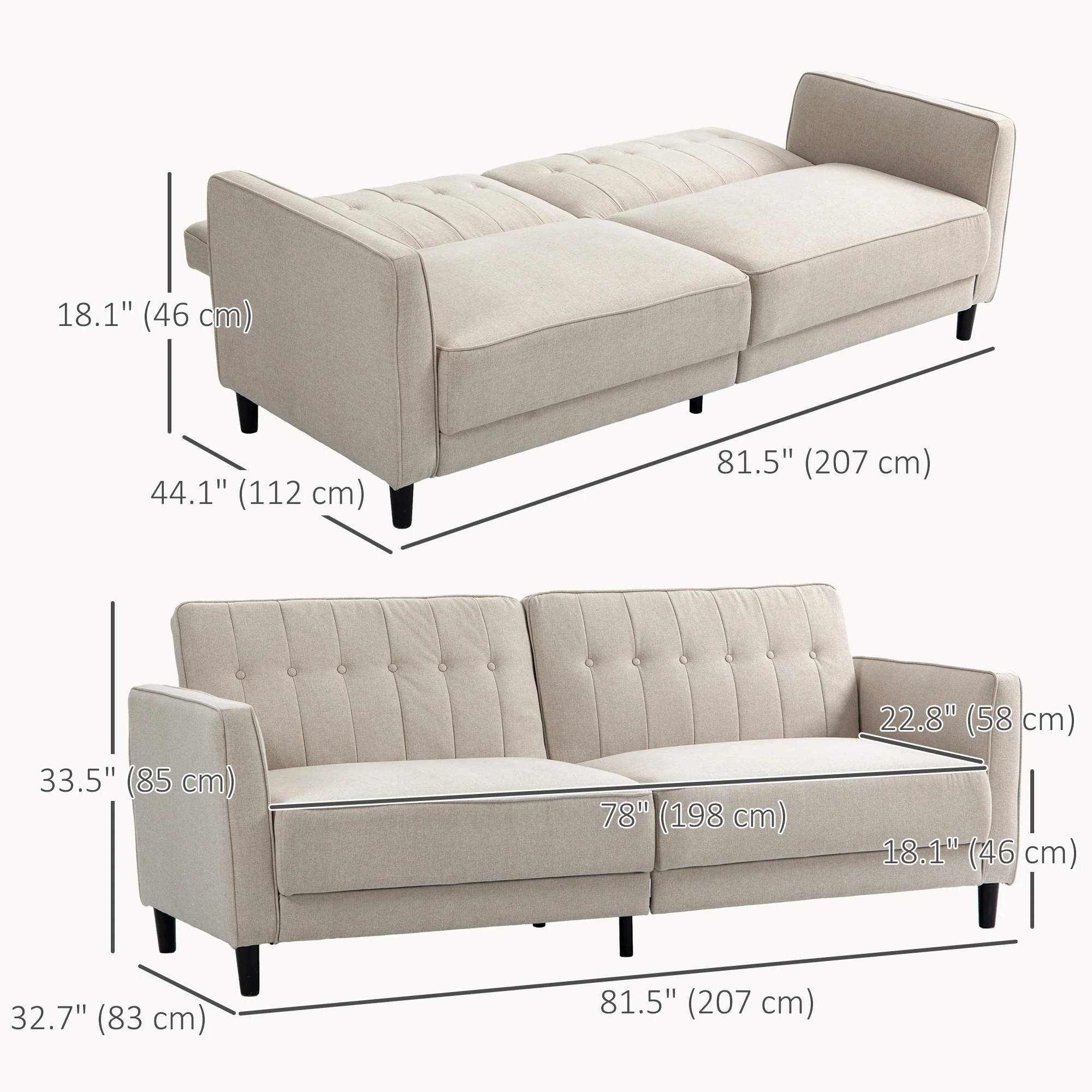 Convertible Sofa Bed with Adjustable Back Button Tufted Design, Beige - Image 5