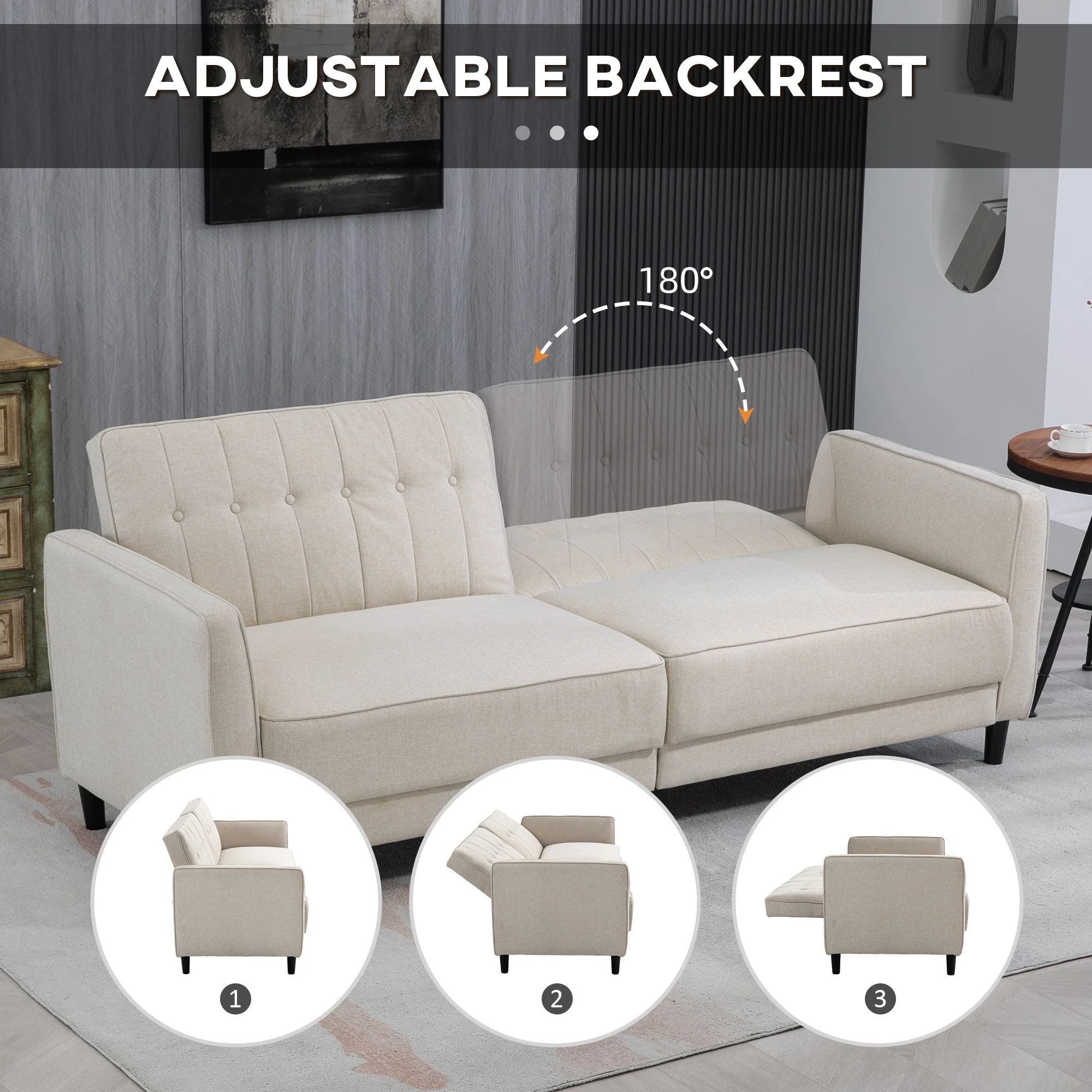 Convertible Sofa Bed with Adjustable Back Button Tufted Design, Beige - Image 7