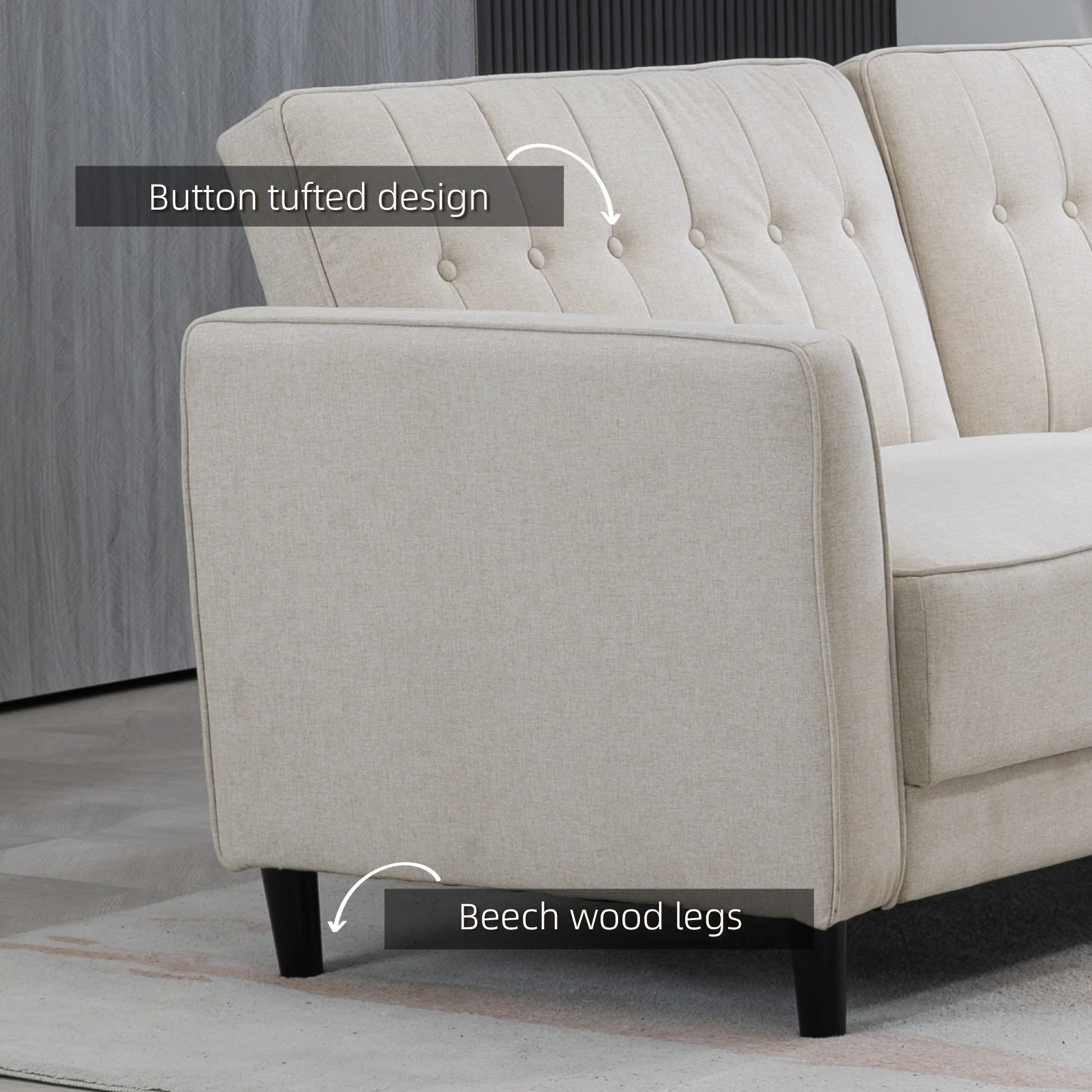 Convertible Sofa Bed with Adjustable Back Button Tufted Design, Beige - Image 9