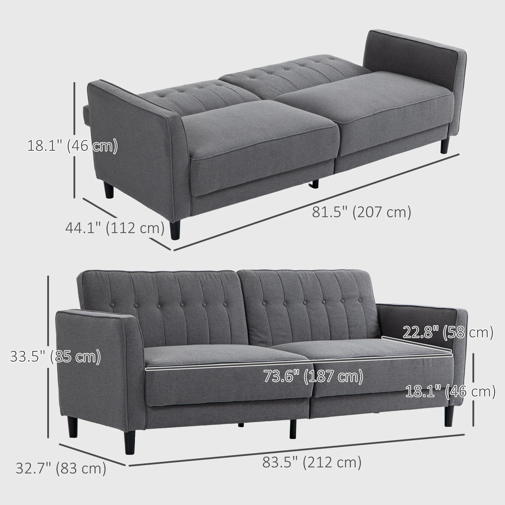 Convertible Sofa Bed with Adjustable Back Button Tufted Design Charcoal, Grey - Image 5