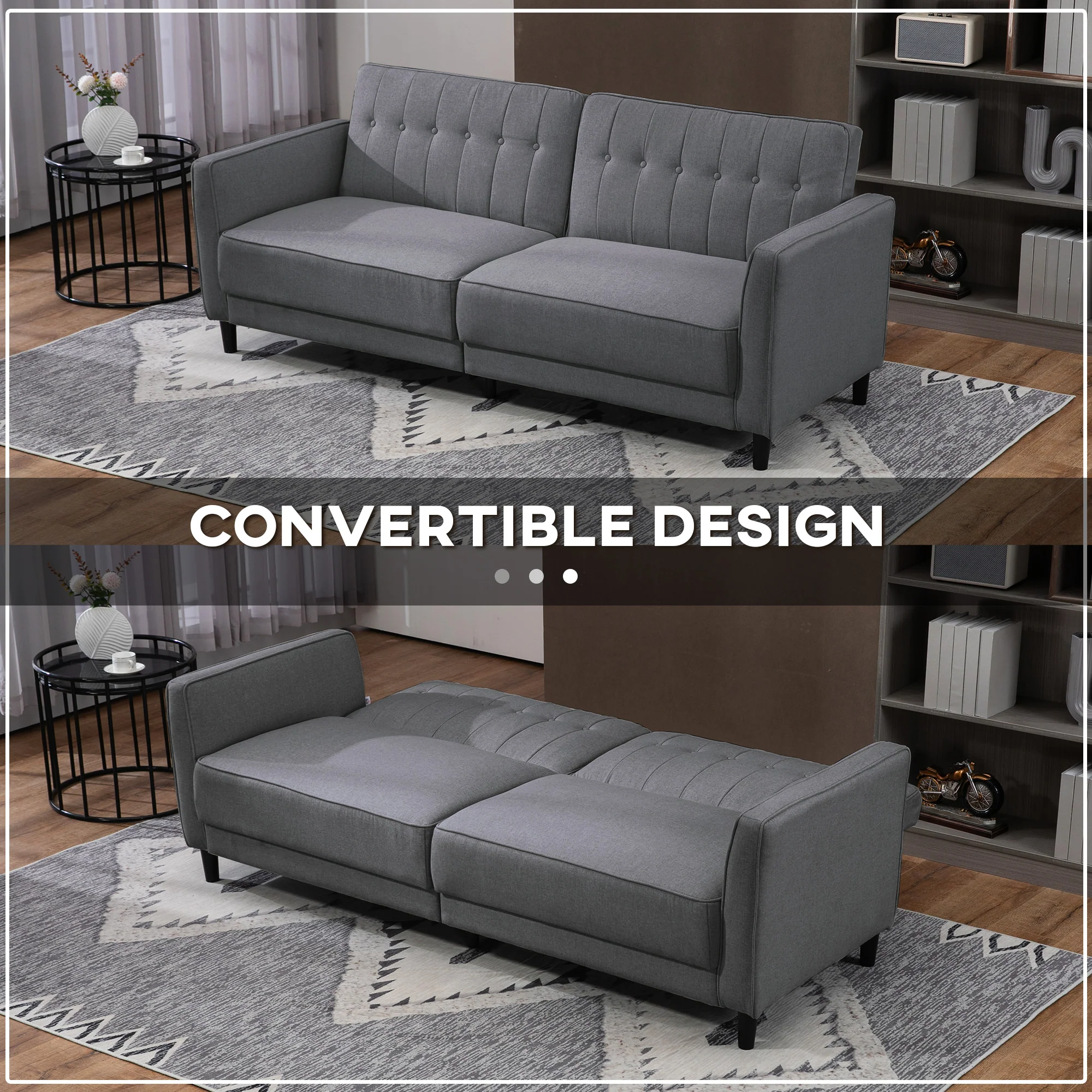 Convertible Sofa Bed with Adjustable Back Button Tufted Design Charcoal, Grey - Image 6