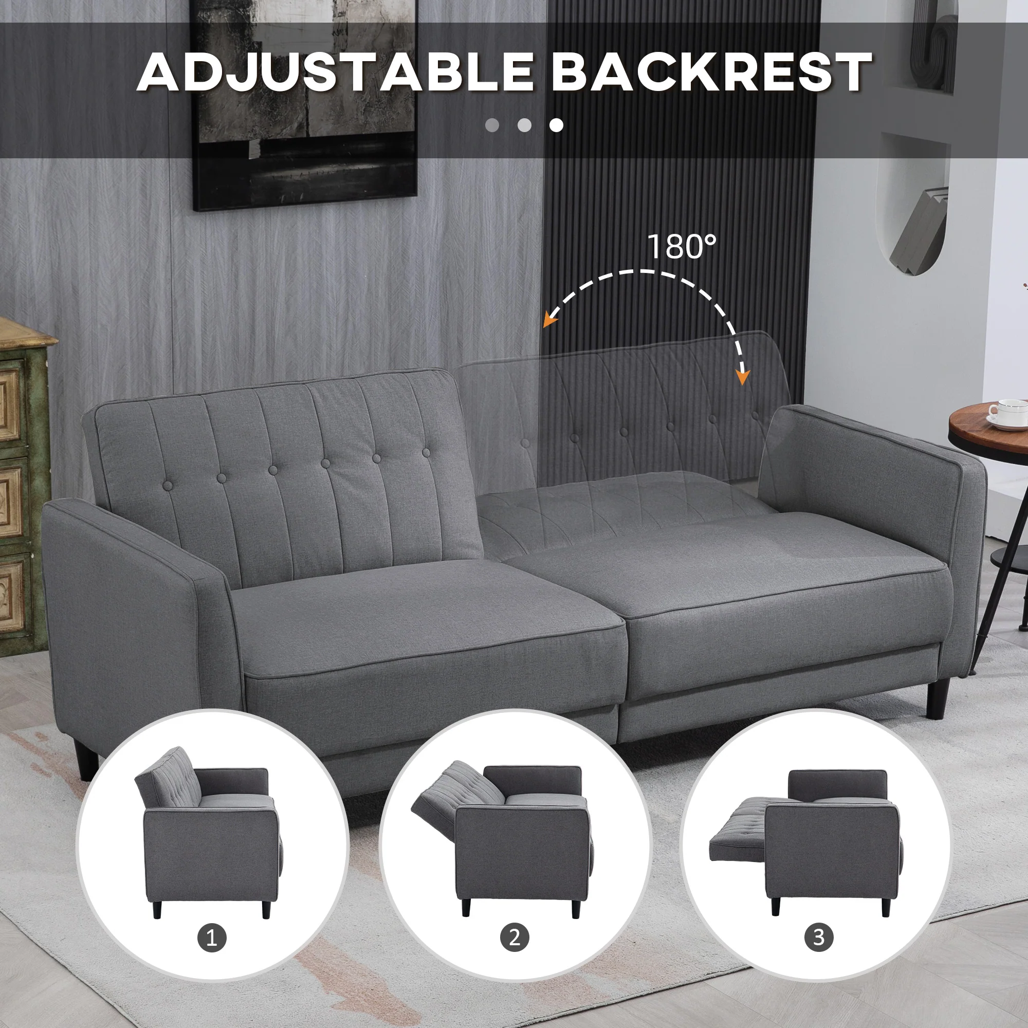 Convertible Sofa Bed with Adjustable Back Button Tufted Design Charcoal, Grey - Image 7